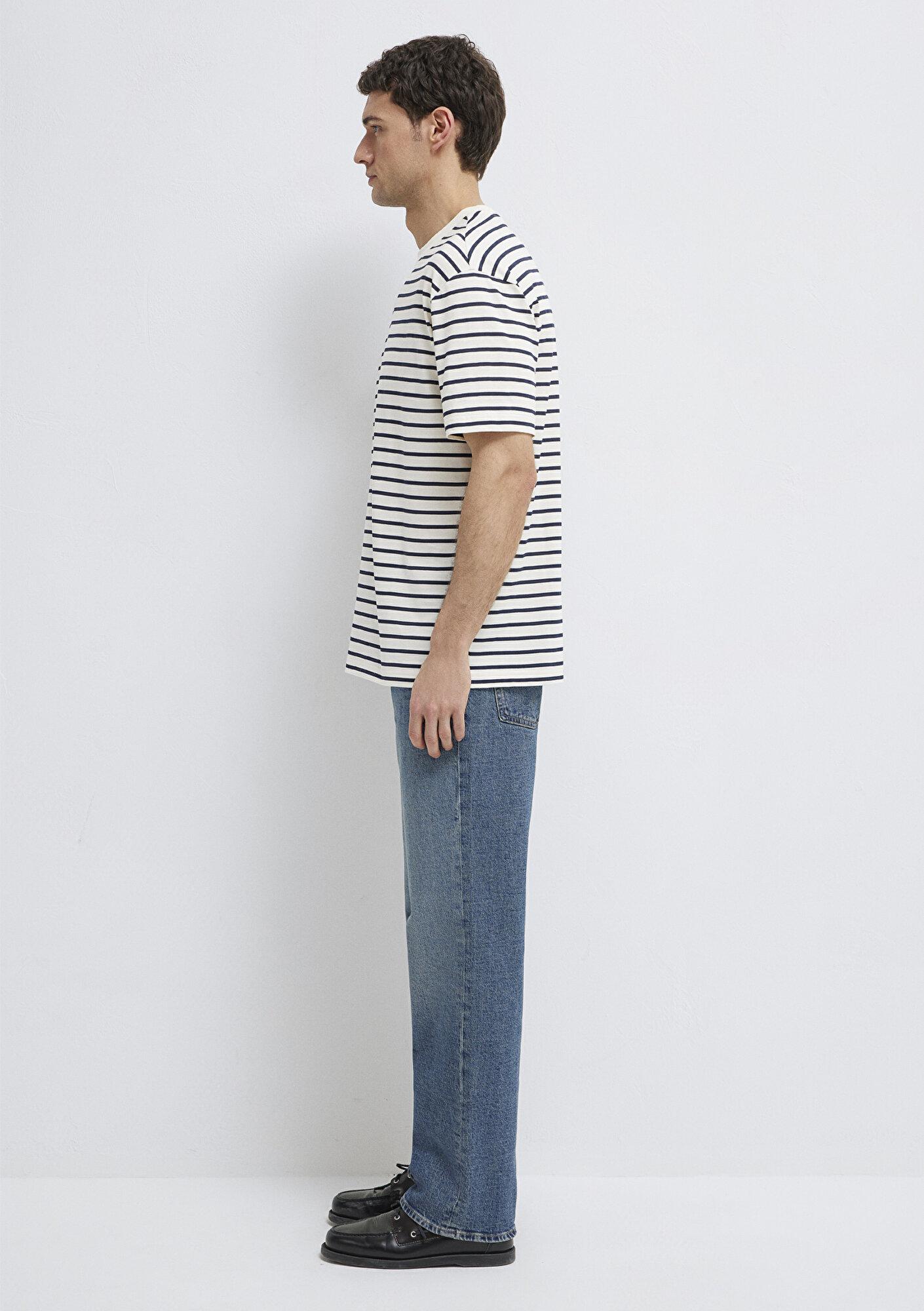 Mavi Lacivert Çizgili Ekru Tişört Loose Fit / Bol Rahat Kesim 0613274-30651
