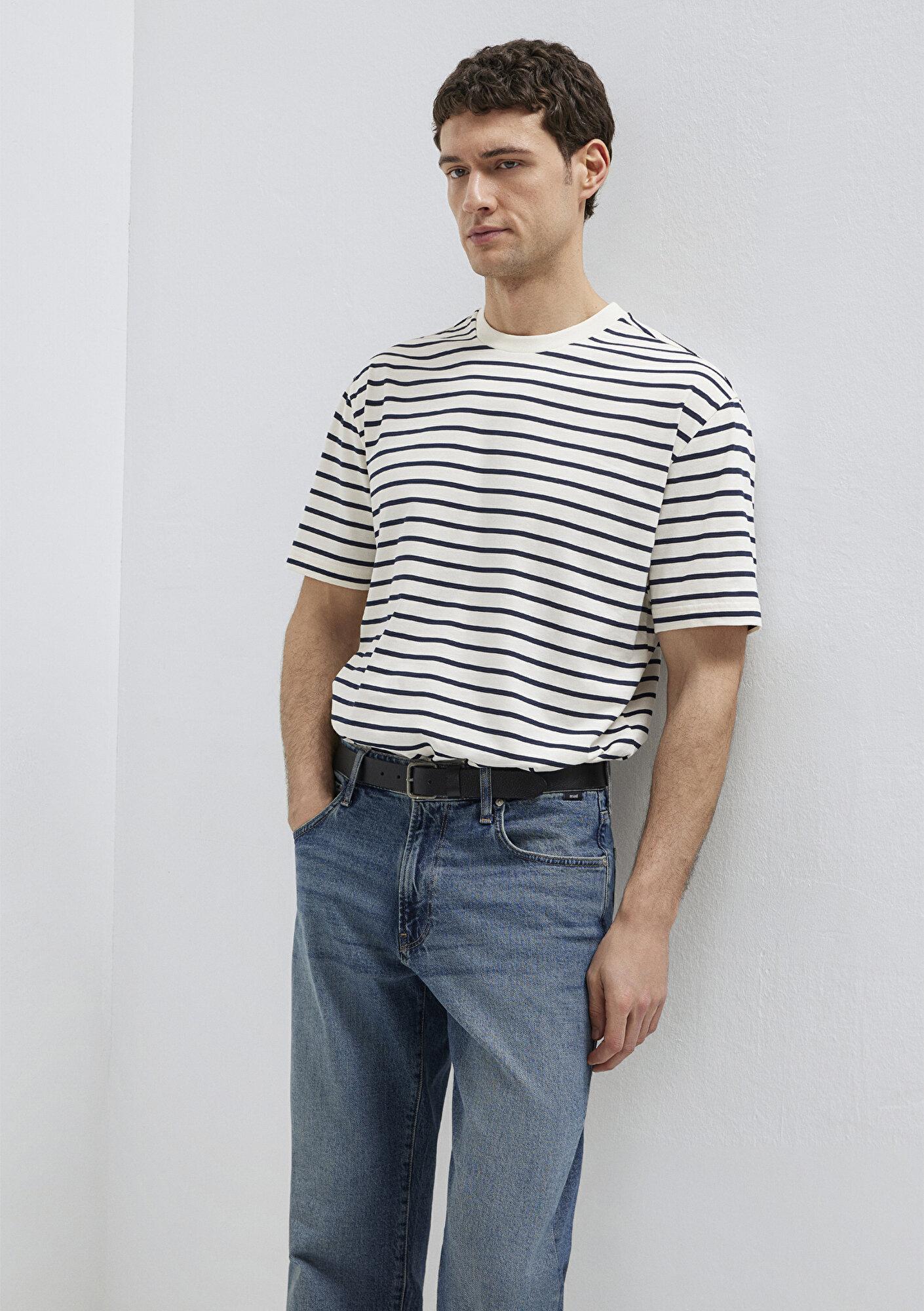 Mavi Lacivert Çizgili Ekru Tişört Loose Fit / Bol Rahat Kesim 0613274-30651