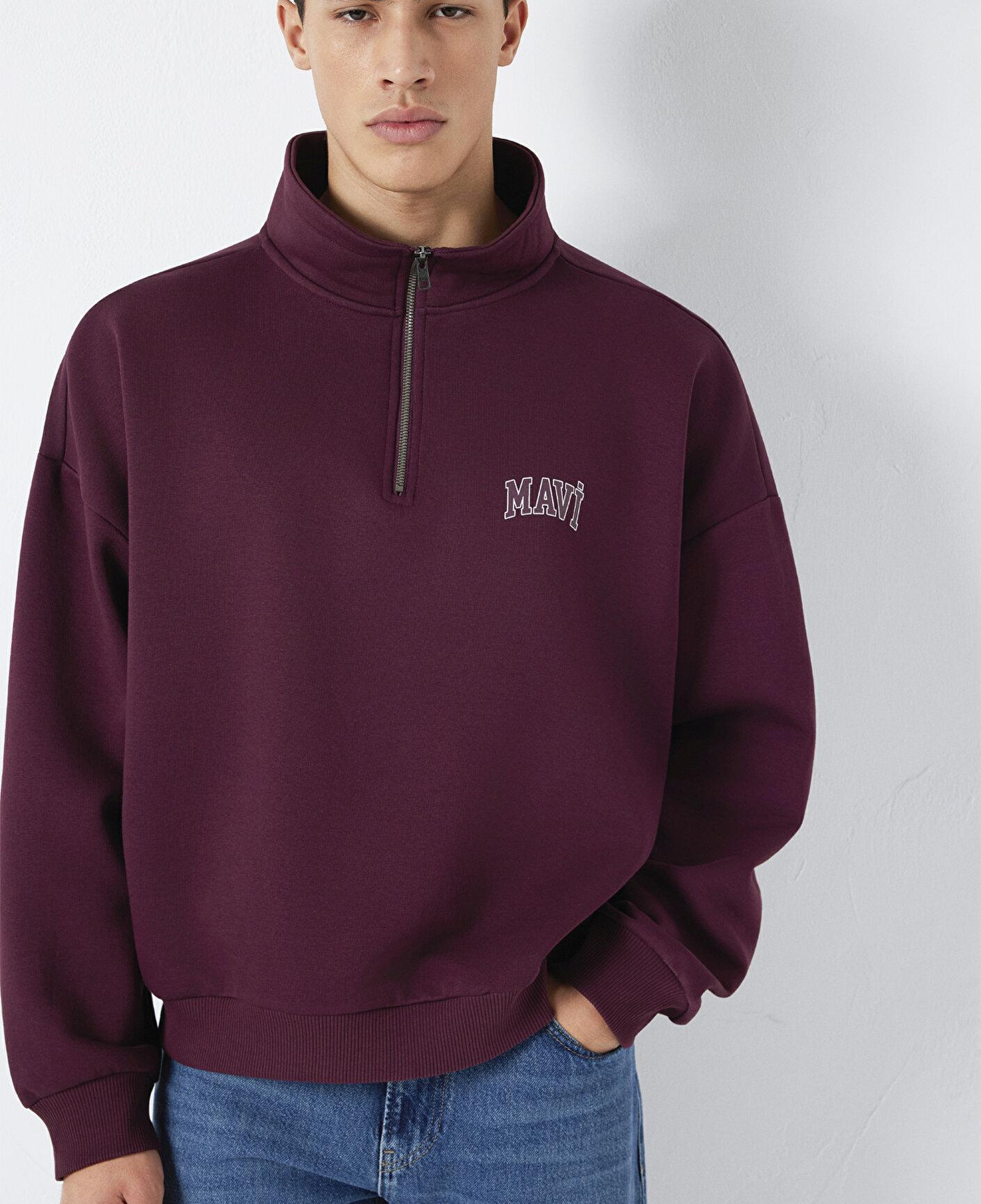 Mavi Mavi Logo Baskılı Yarı Fermuarlı Bordo Sweatshirt 0S10208-70434
