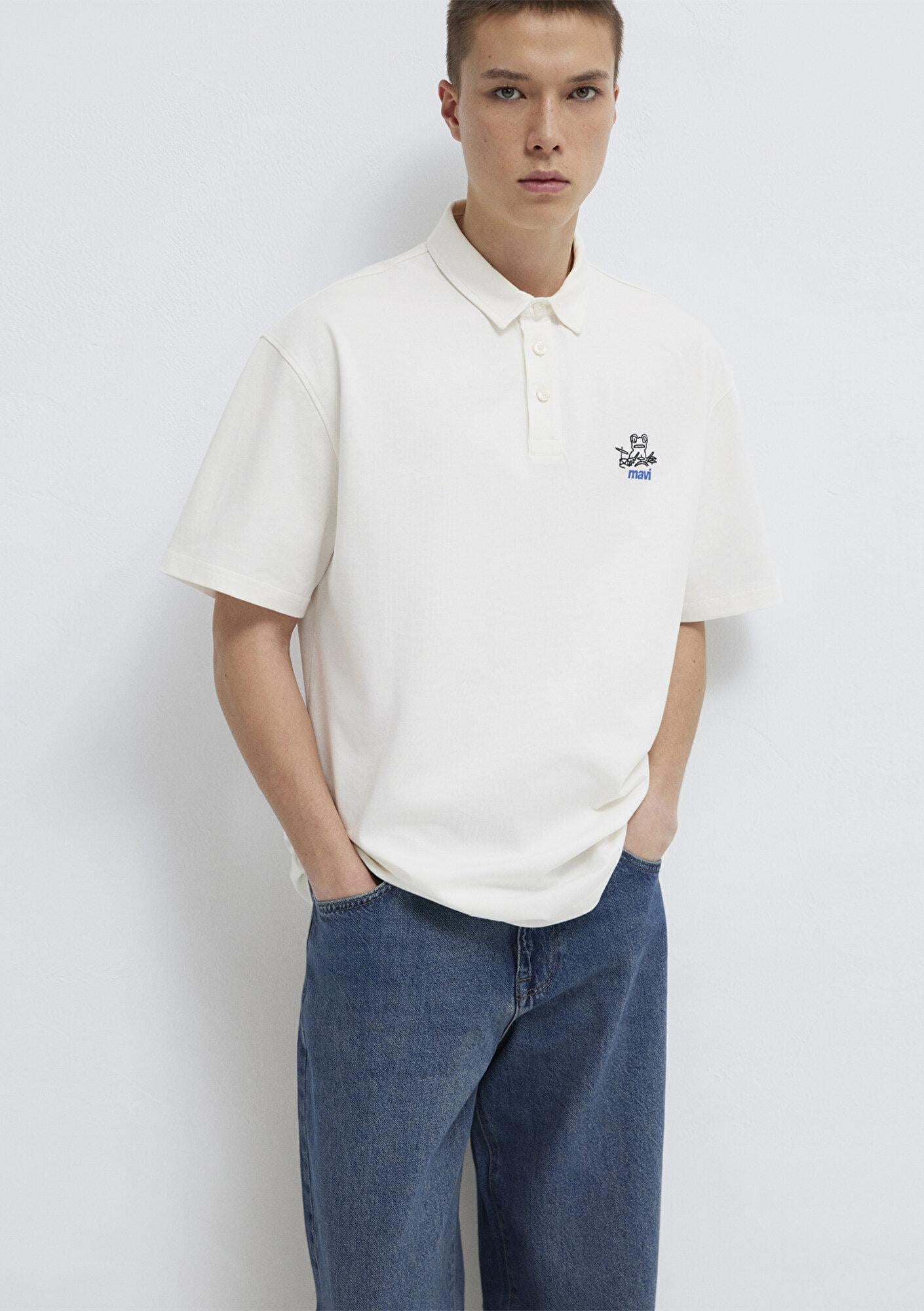 Mavi Mavi Logo Ekru Polo Tişört Loose Fit / Bol Rahat Kesim 0613180-70057