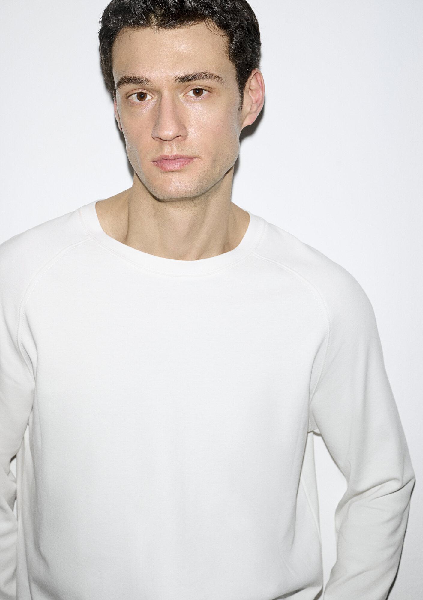 Mavi Uzun Kollu Ekru Basic Tişört Loose Fit / Bol Rahat Kesim 0613169-70057