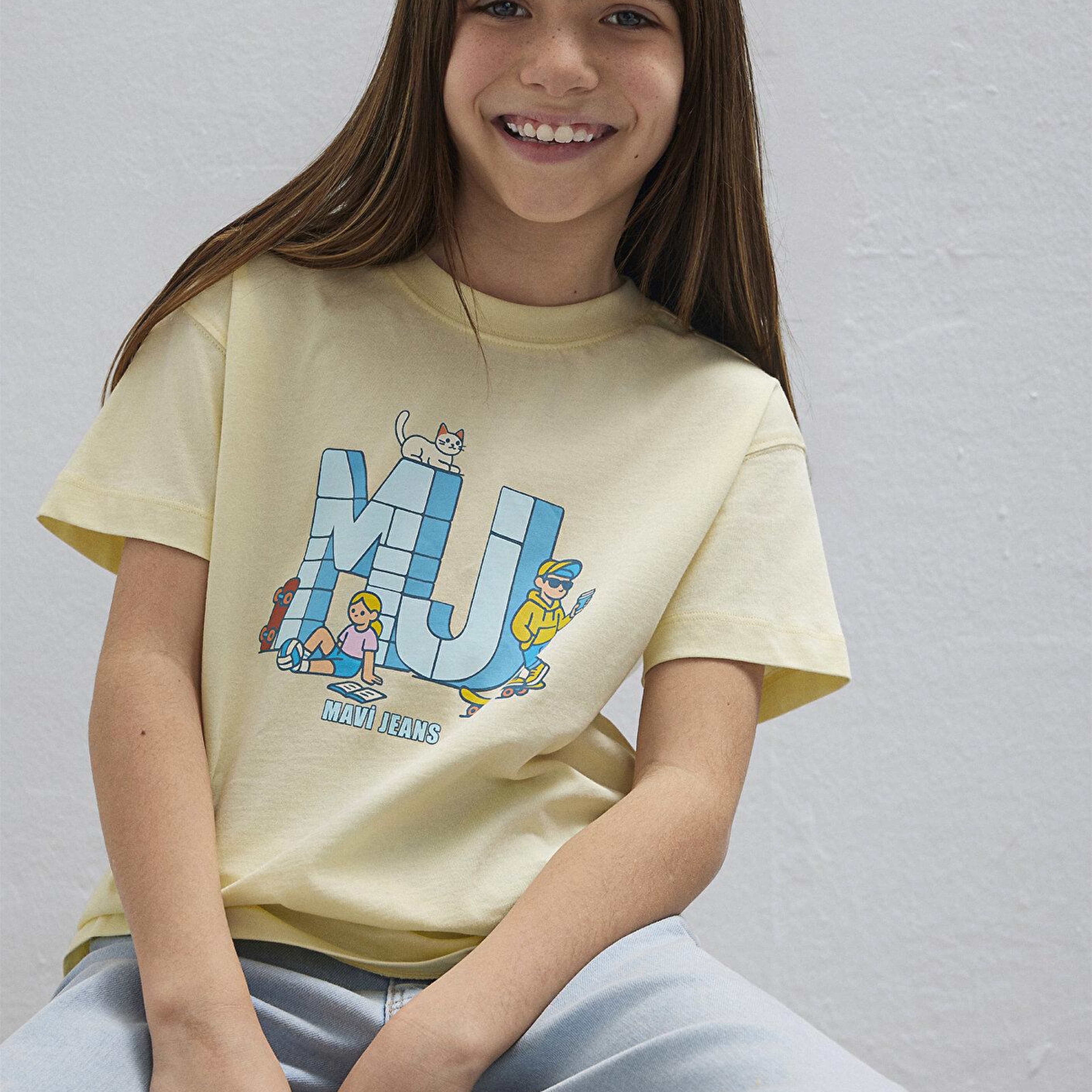 Mavi MJ Logo Baskılı Sarı Tişört Loose Fit / Bol Rahat Kesim 7610431-89143