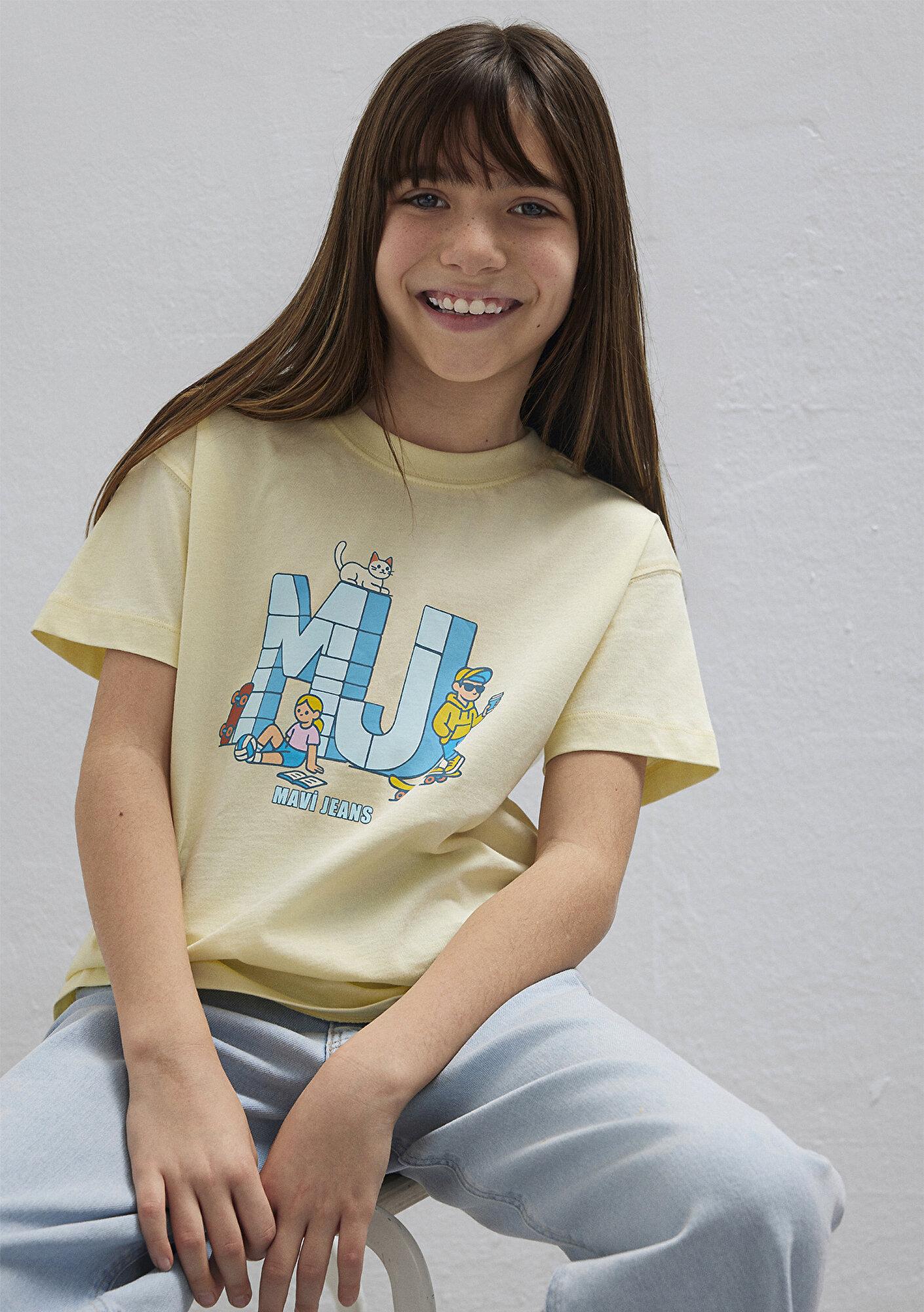 Mavi MJ Logo Baskılı Sarı Tişört Loose Fit / Bol Rahat Kesim 7610431-89143