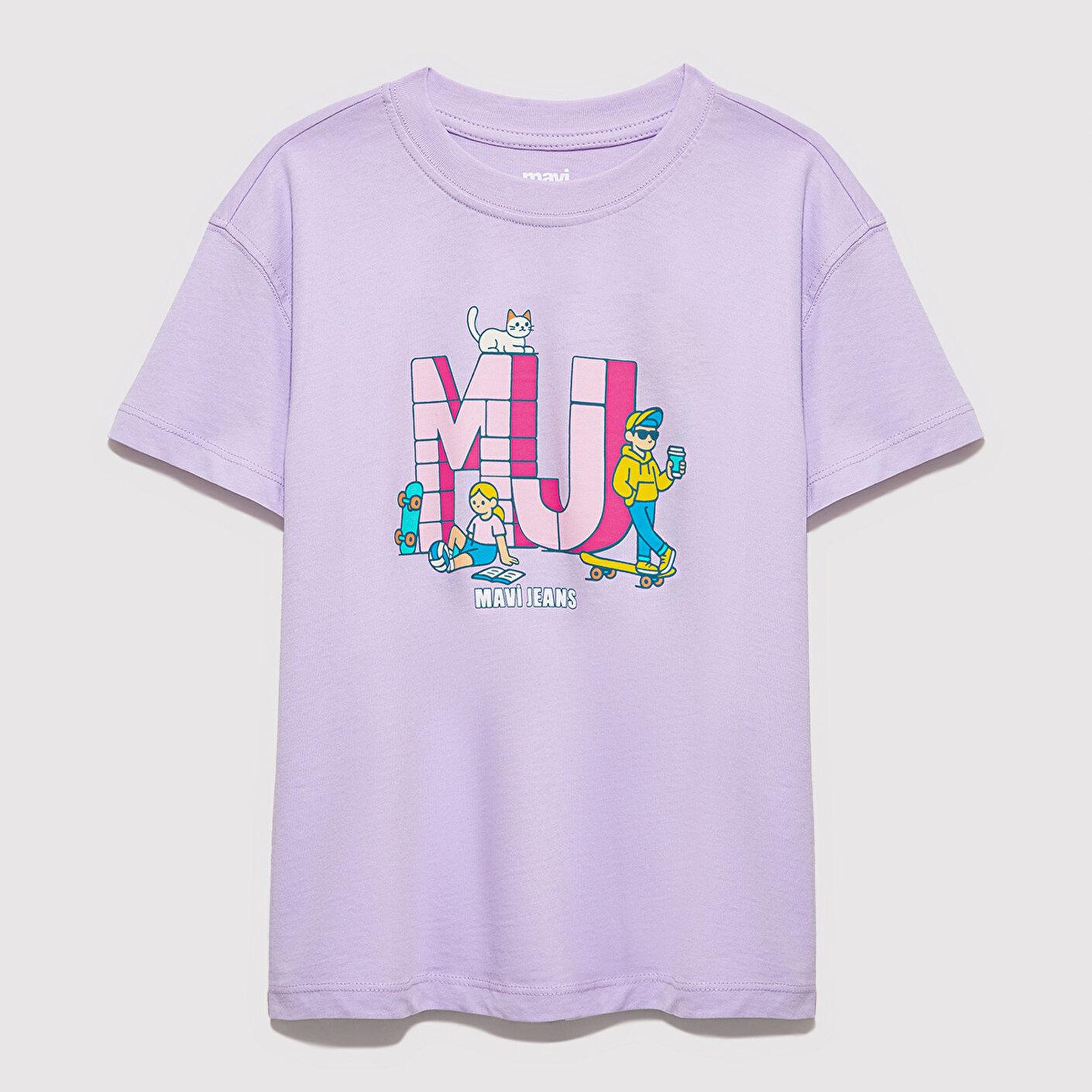 Mavi MJ Logo Baskılı Mor Tişört Loose Fit / Bol Rahat Kesim 7610431-70519