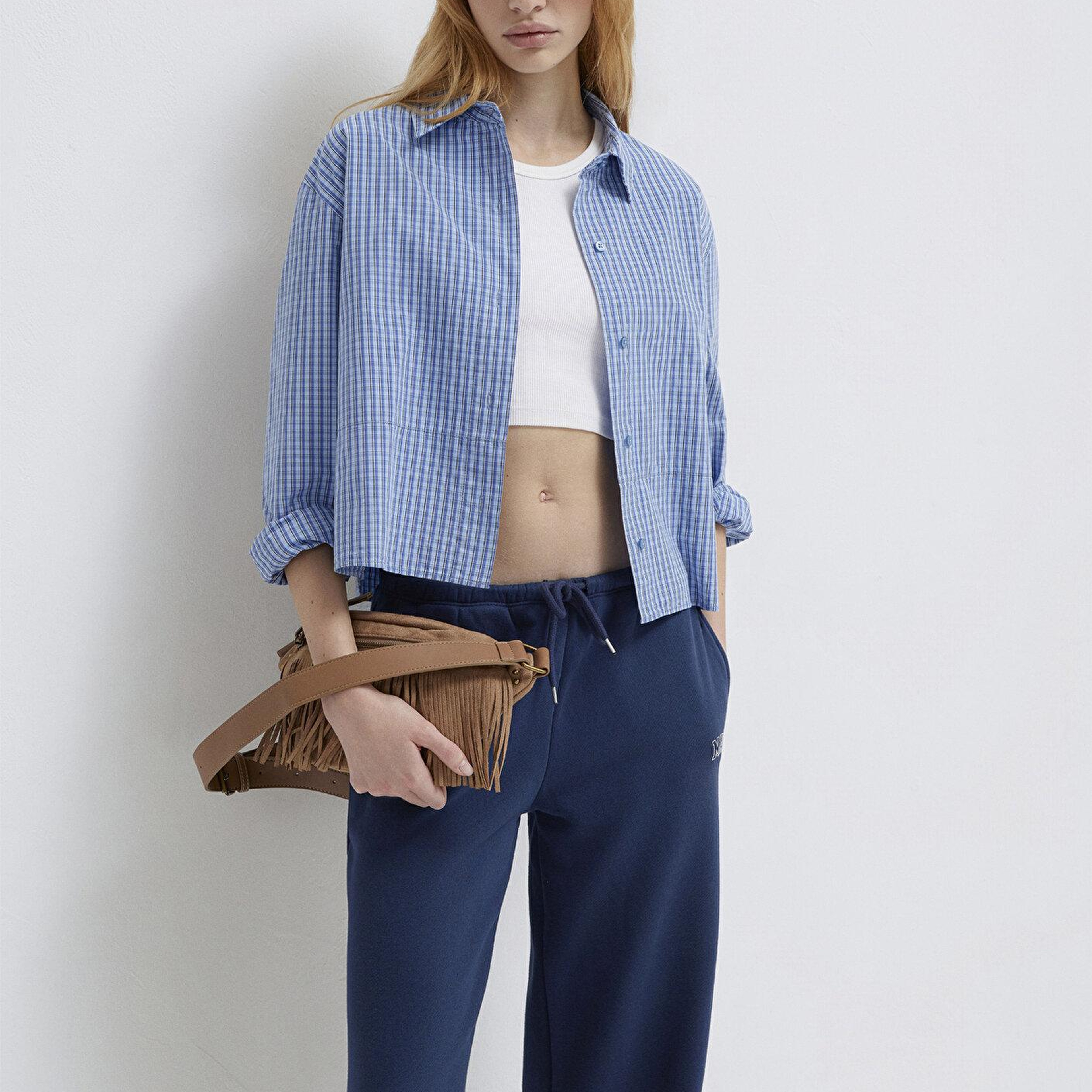 Mavi Ekose Mavi Crop Gömlek Loose Fit / Bol Rahat Kesim 1211401-83971