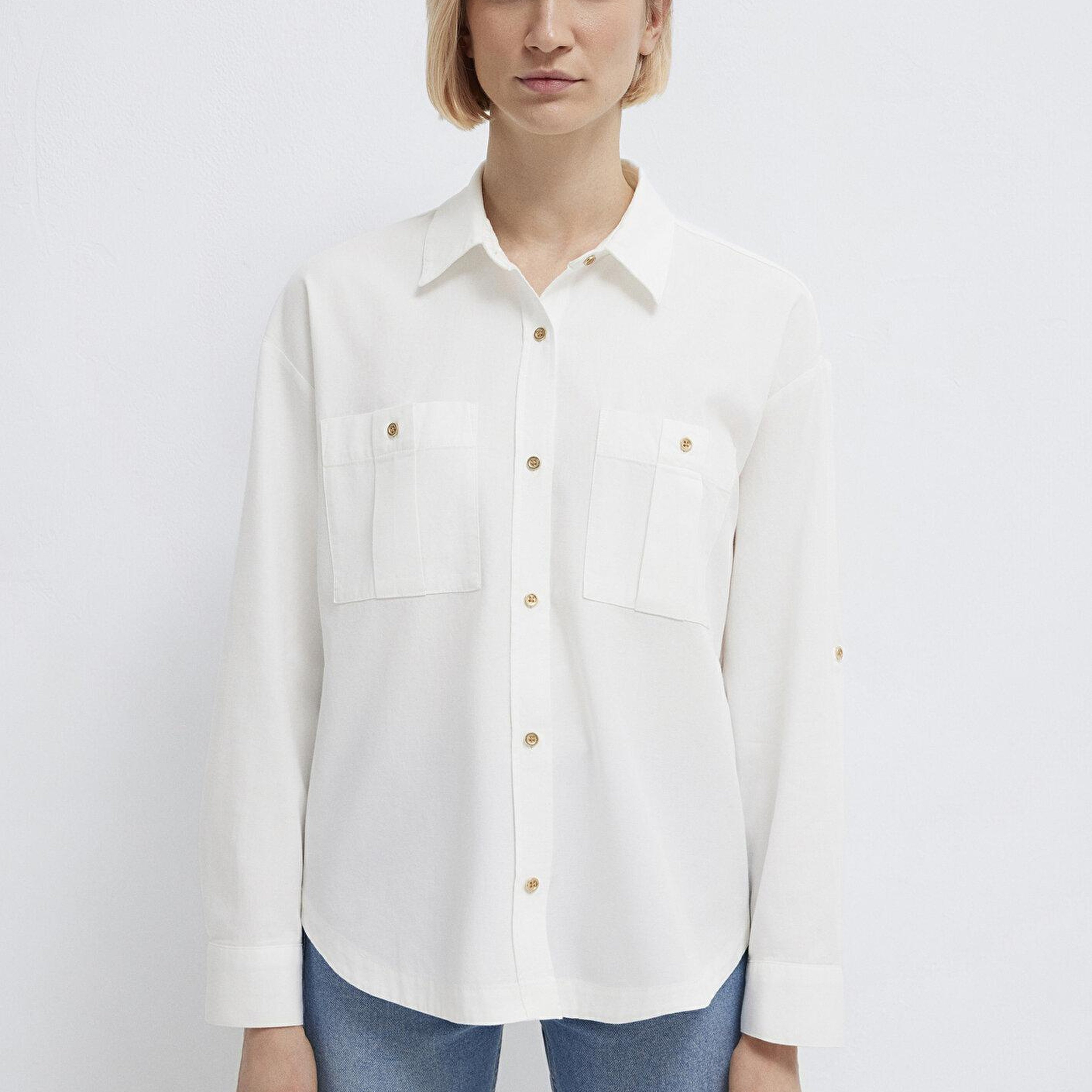 Mavi Düğme Detaylı Ekru Gömlek Loose Fit / Bol Rahat Kesim 1211383-70057