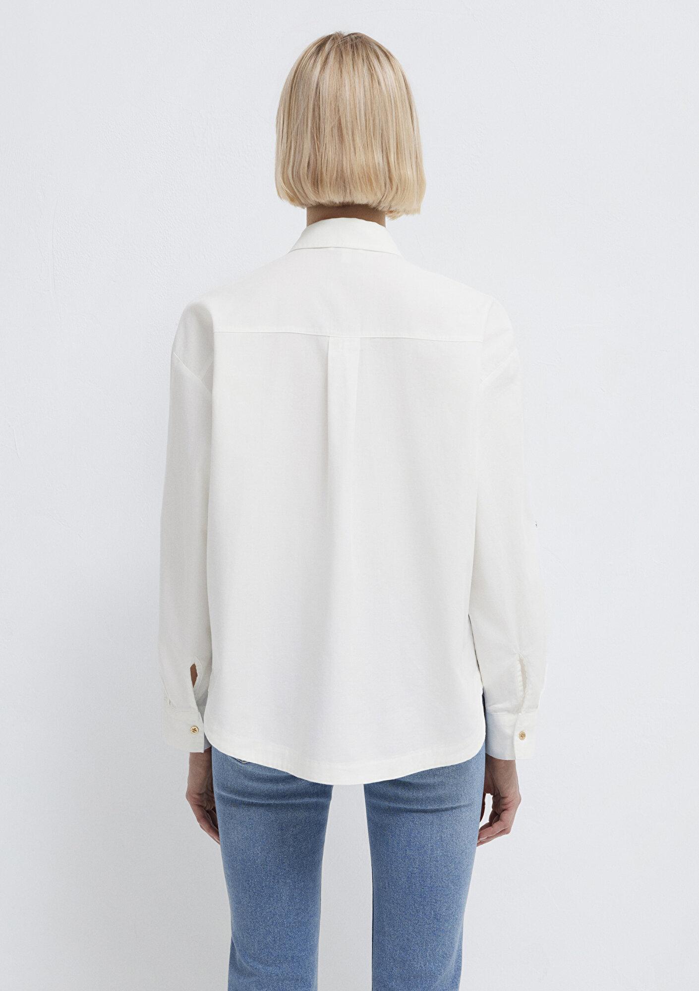 Mavi Düğme Detaylı Ekru Gömlek Loose Fit / Bol Rahat Kesim 1211383-70057