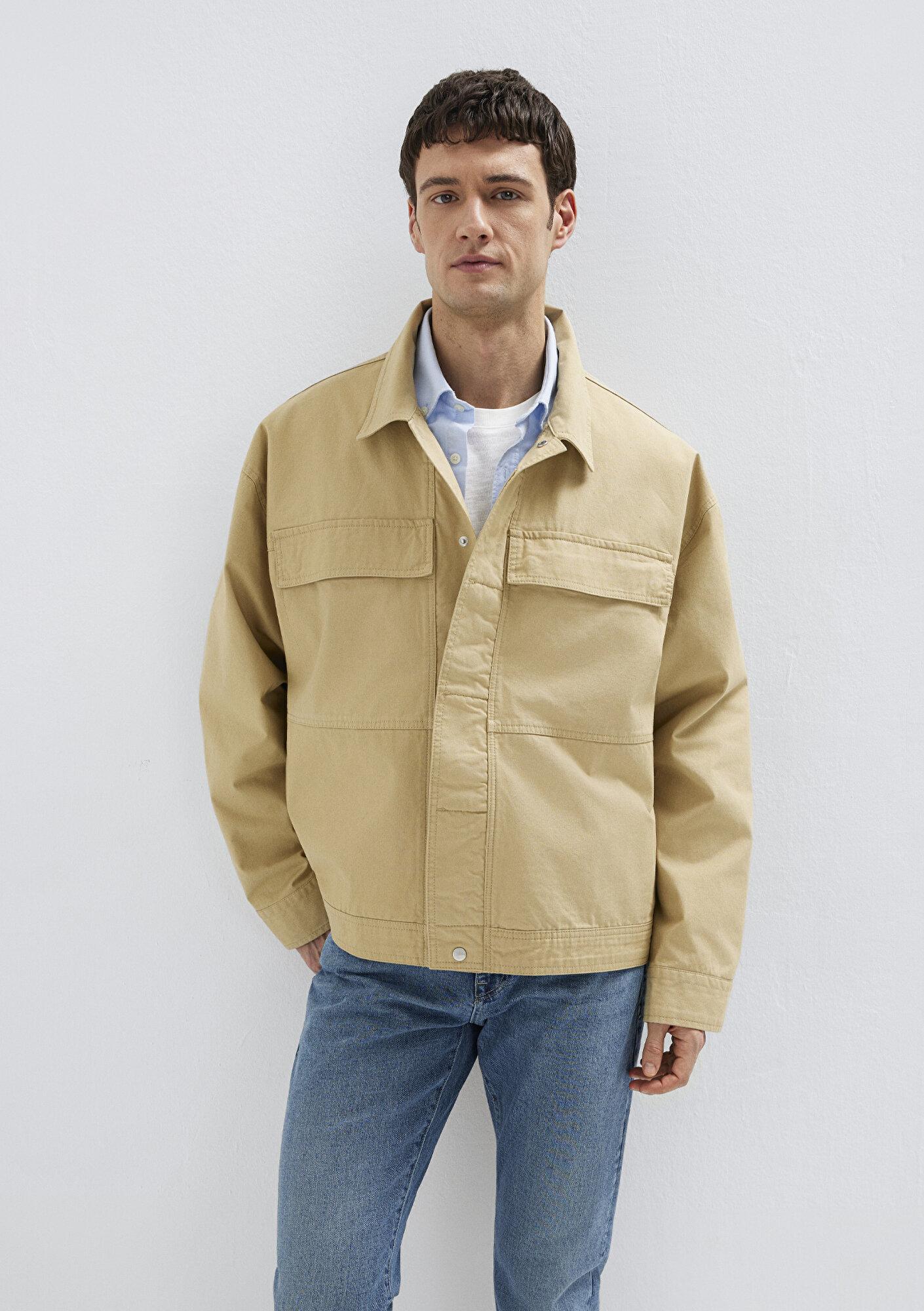 Mavi Cep Detaylı Bej İnce Ceket Loose Fit / Bol Rahat Kesim 0211872-70204