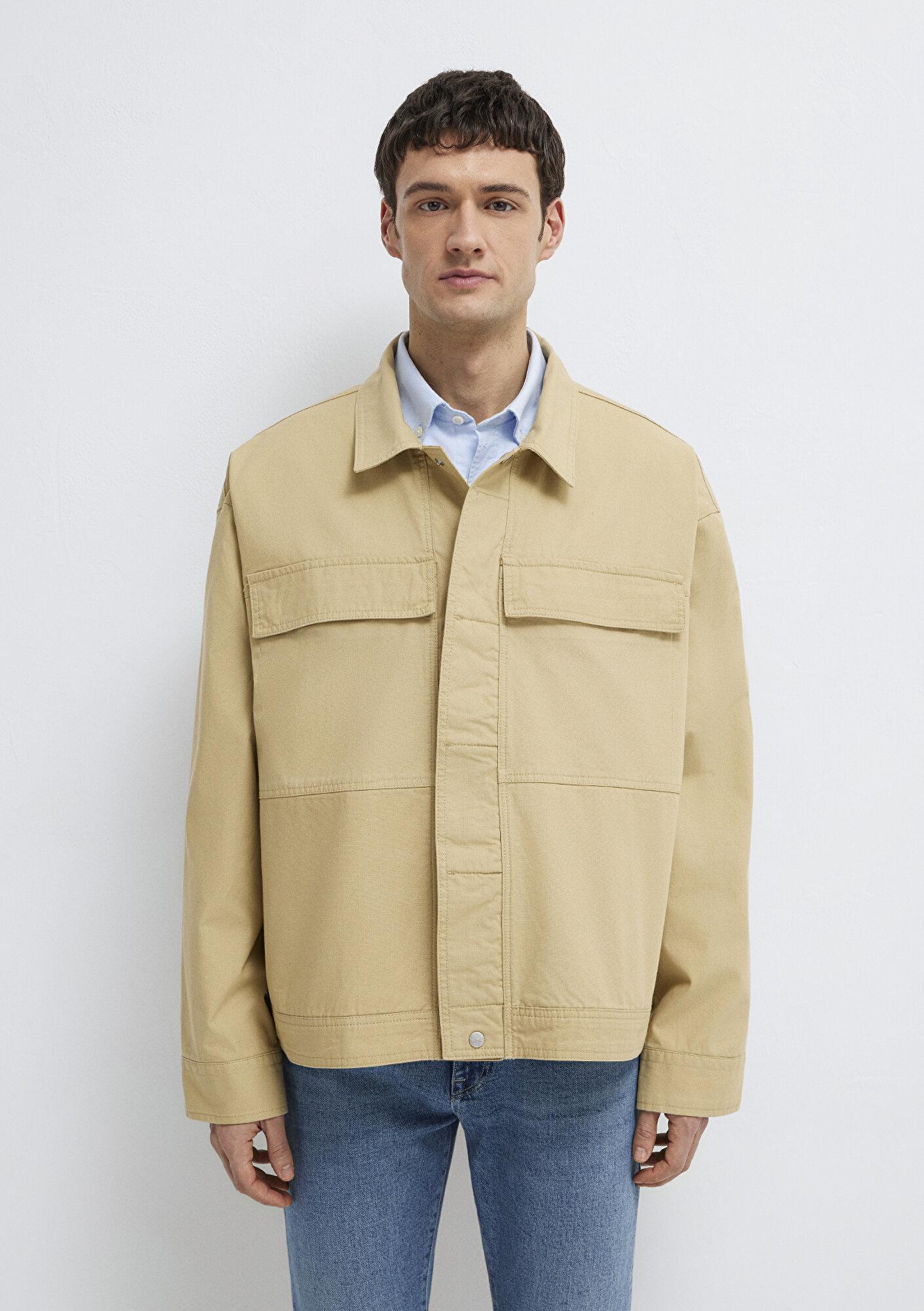 Mavi Cep Detaylı Bej İnce Ceket Loose Fit / Bol Rahat Kesim 0211872-70204