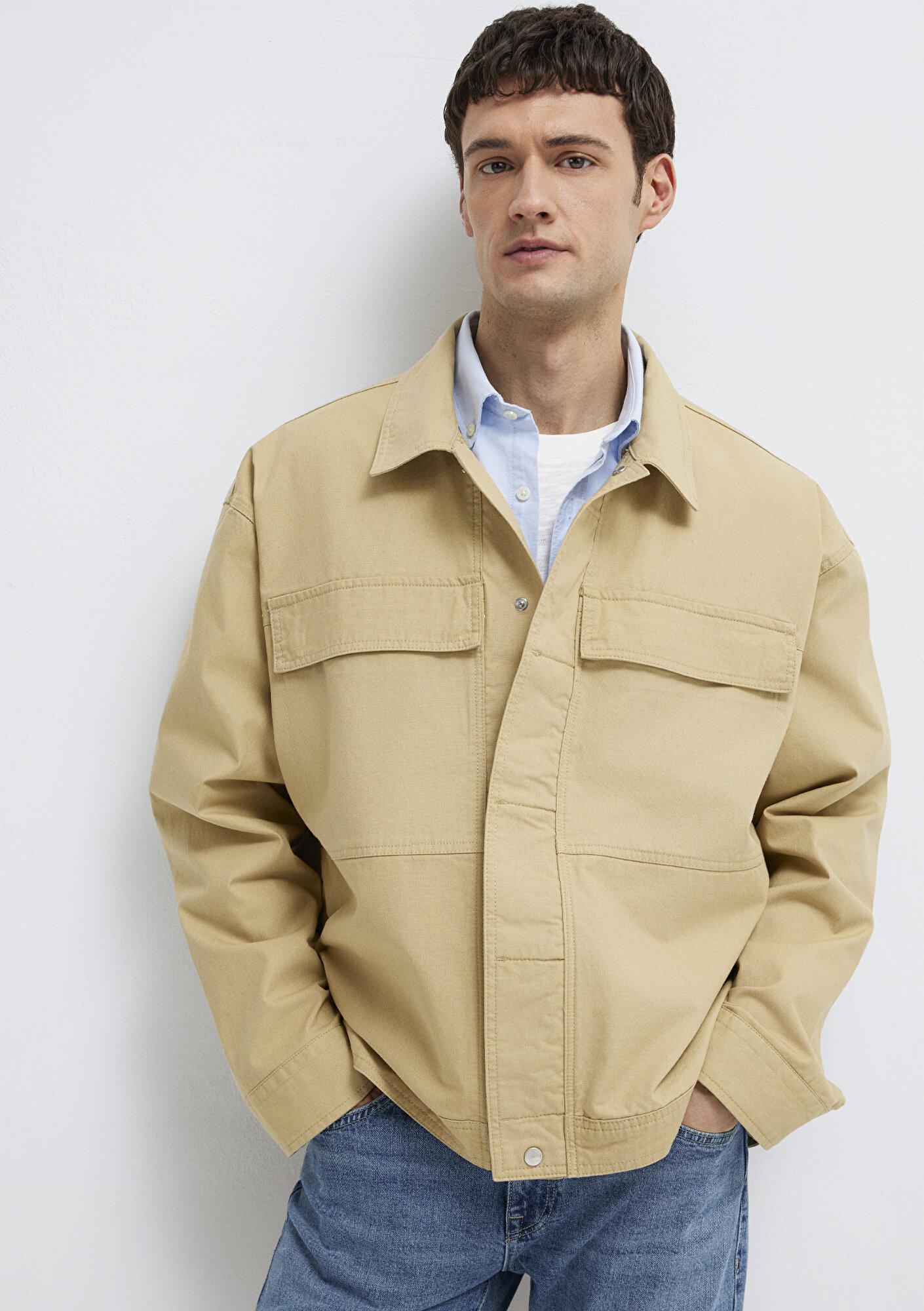 Mavi Cep Detaylı Bej İnce Ceket Loose Fit / Bol Rahat Kesim 0211872-70204