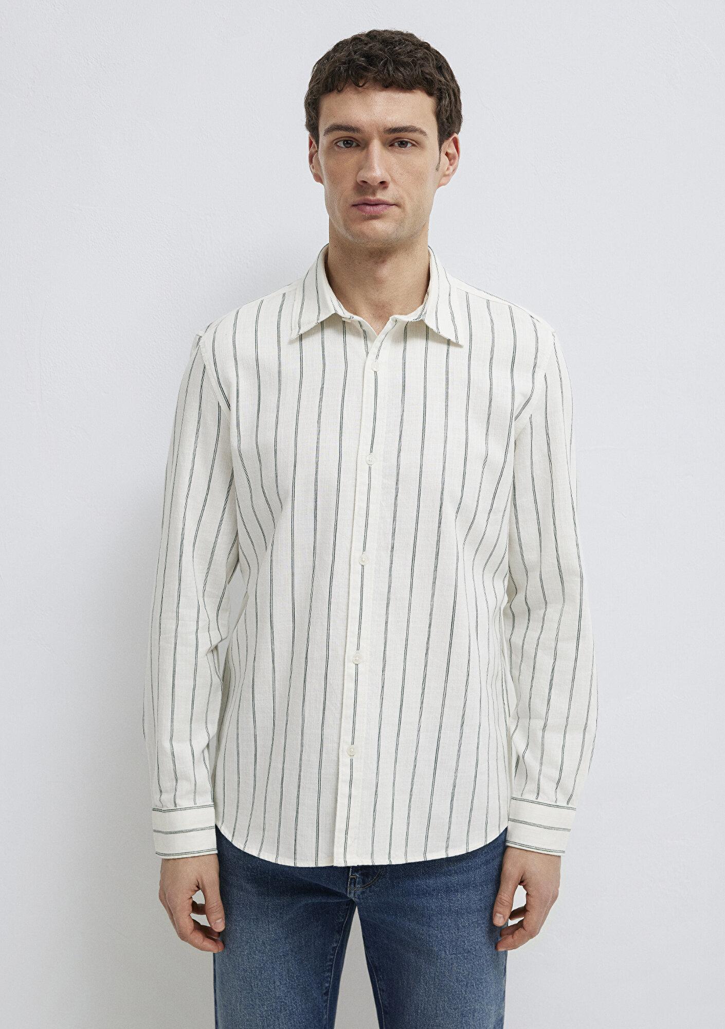 Mavi Yeşil Çizgili Keten Karışımlı Gömlek Regular Fit / Normal Kesim 0211380-71599