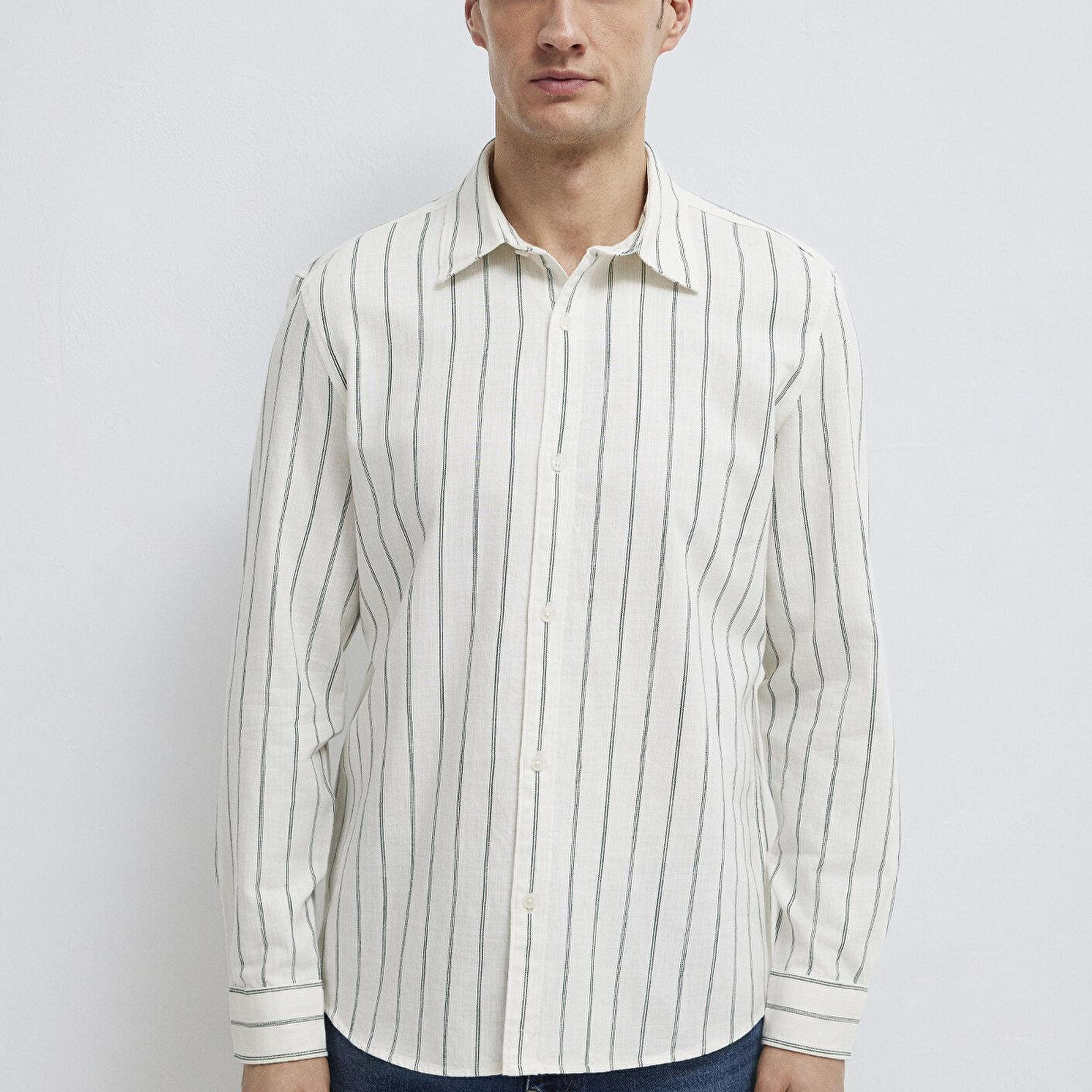 Mavi Yeşil Çizgili Keten Karışımlı Gömlek Regular Fit / Normal Kesim 0211380-71599