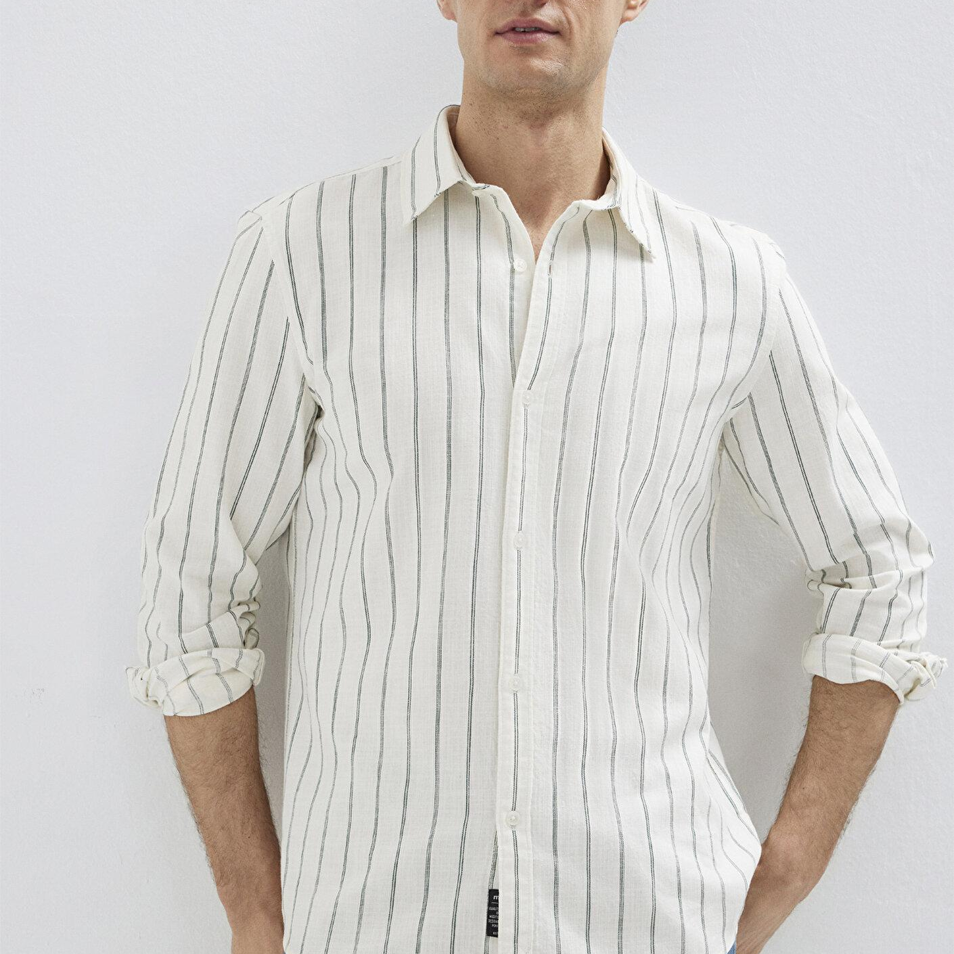Mavi Yeşil Çizgili Keten Karışımlı Gömlek Regular Fit / Normal Kesim 0211380-71599