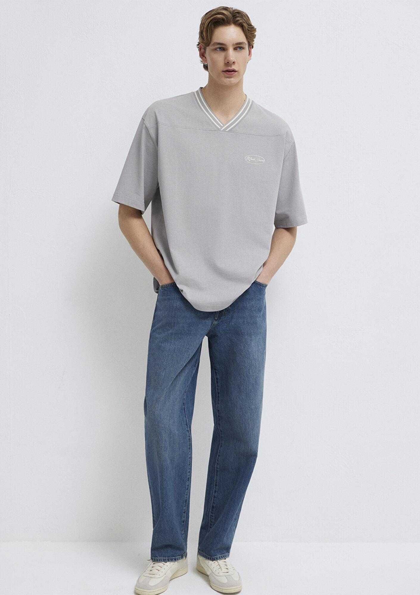 Mavi Mavi Jeans Nakışlı V Yaka Gri Tişört Oversize / Geniş Kesim 0613171-80615