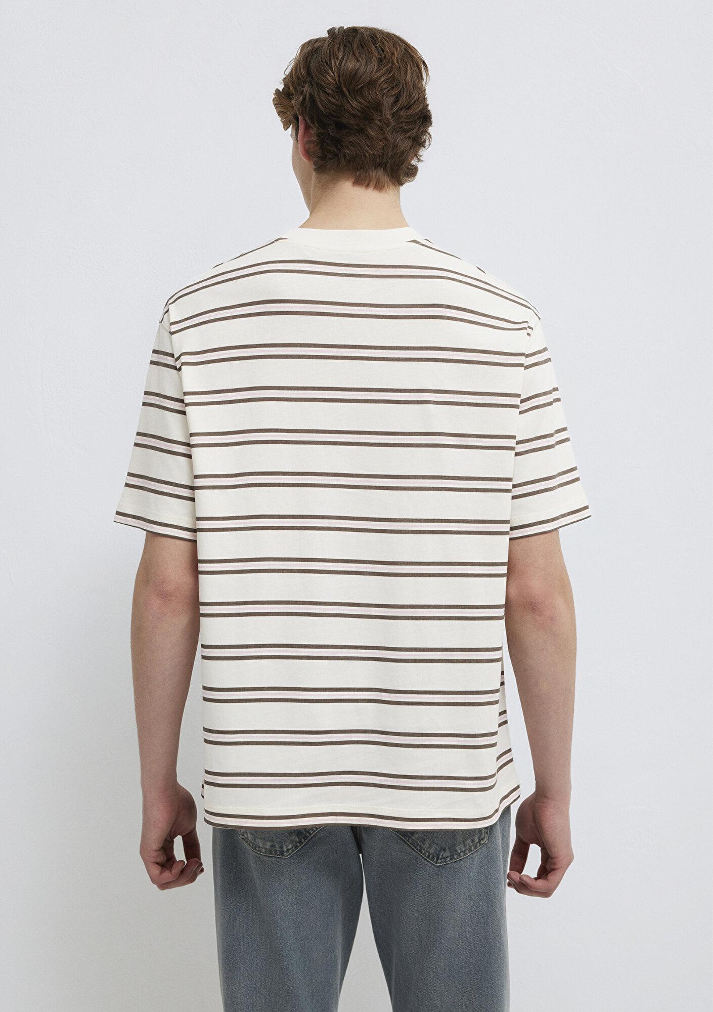 Mavi Kahverengi Çizgili Ekru Tişört Relaxed Fit / Rahat Kesim 0613175-70056