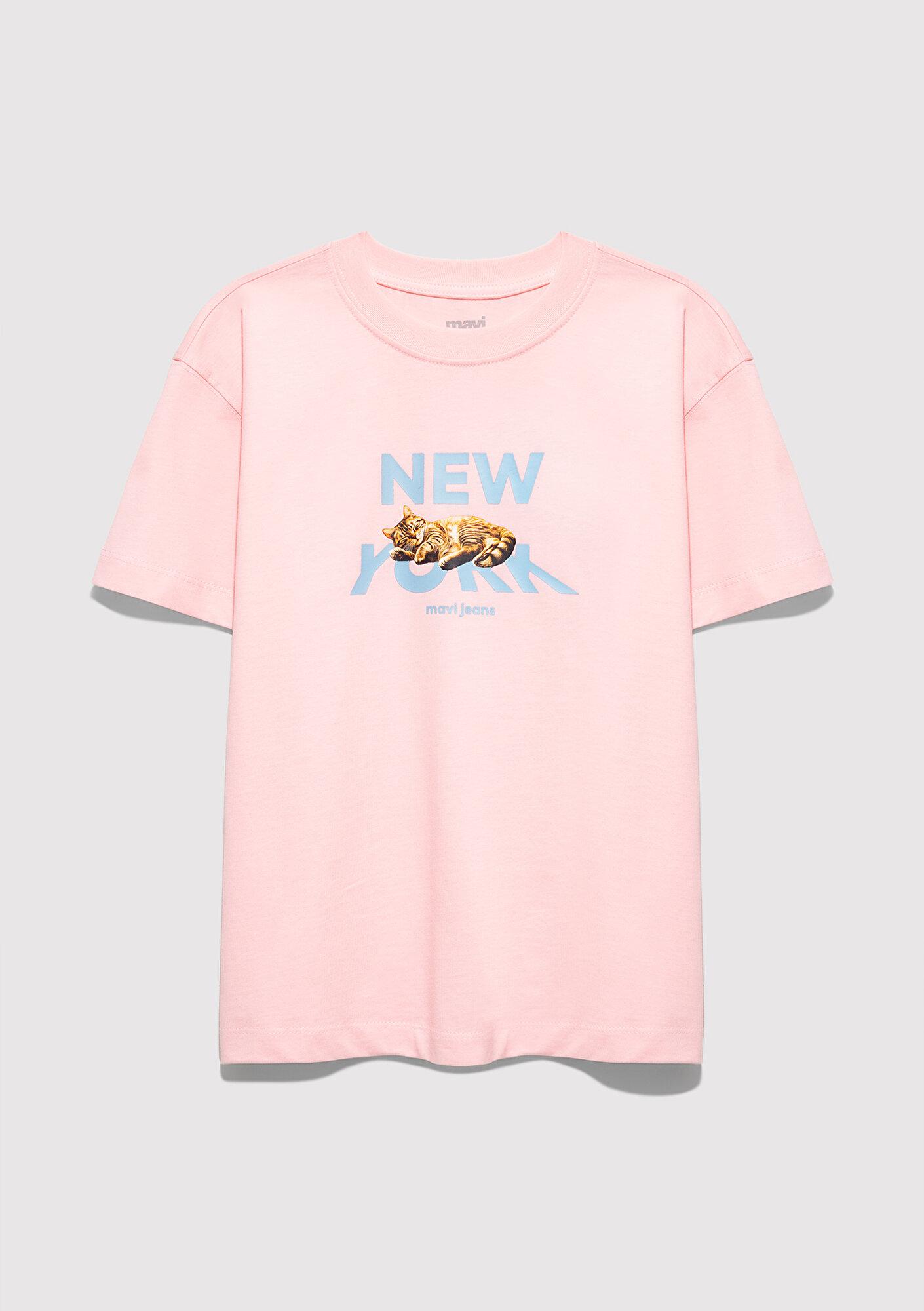 Mavi Kedi Baskılı Pembe Tişört Loose Fit / Bol Rahat Kesim 7610402-71007