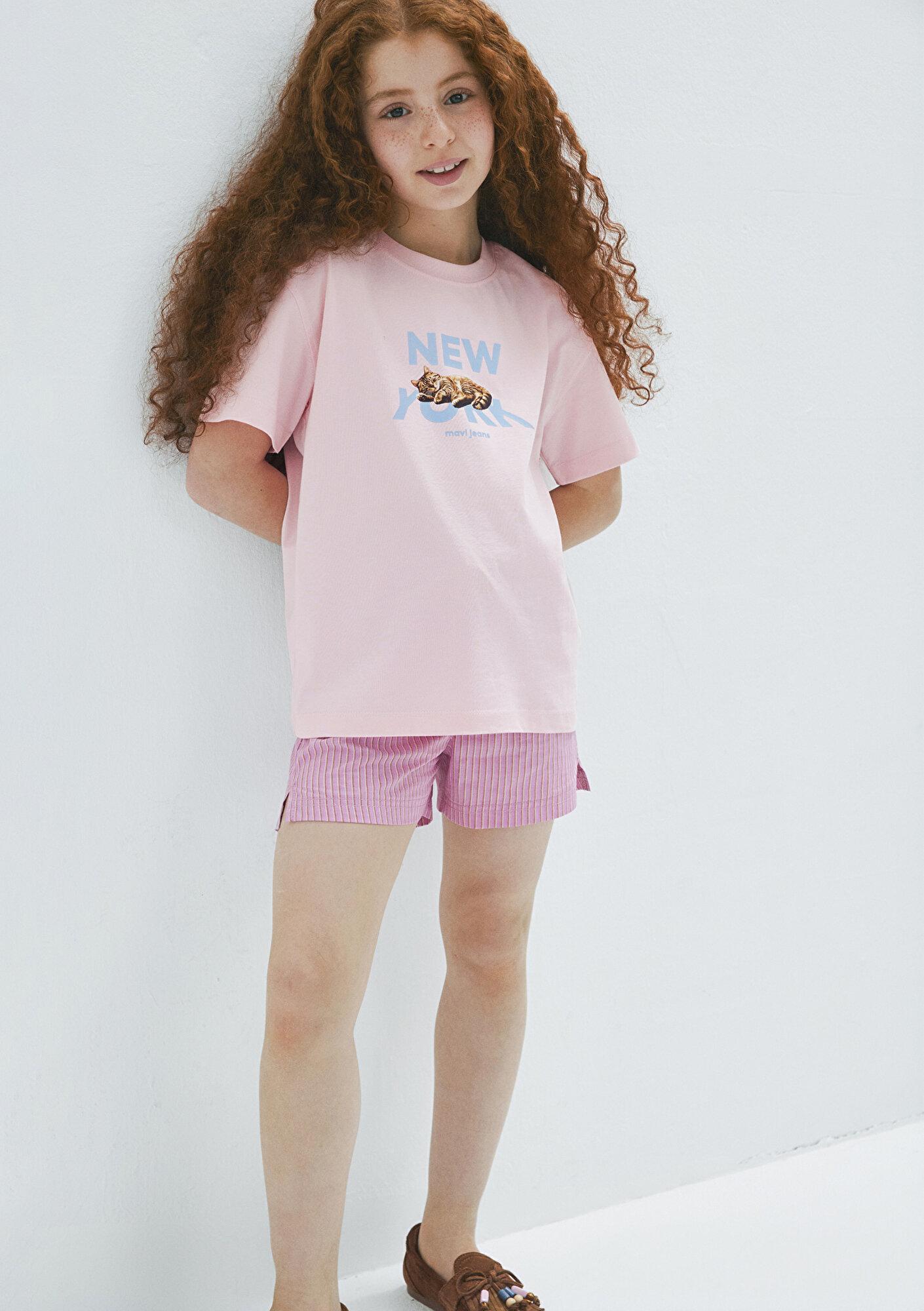 Mavi Kedi Baskılı Pembe Tişört Loose Fit / Bol Rahat Kesim 7610402-71007