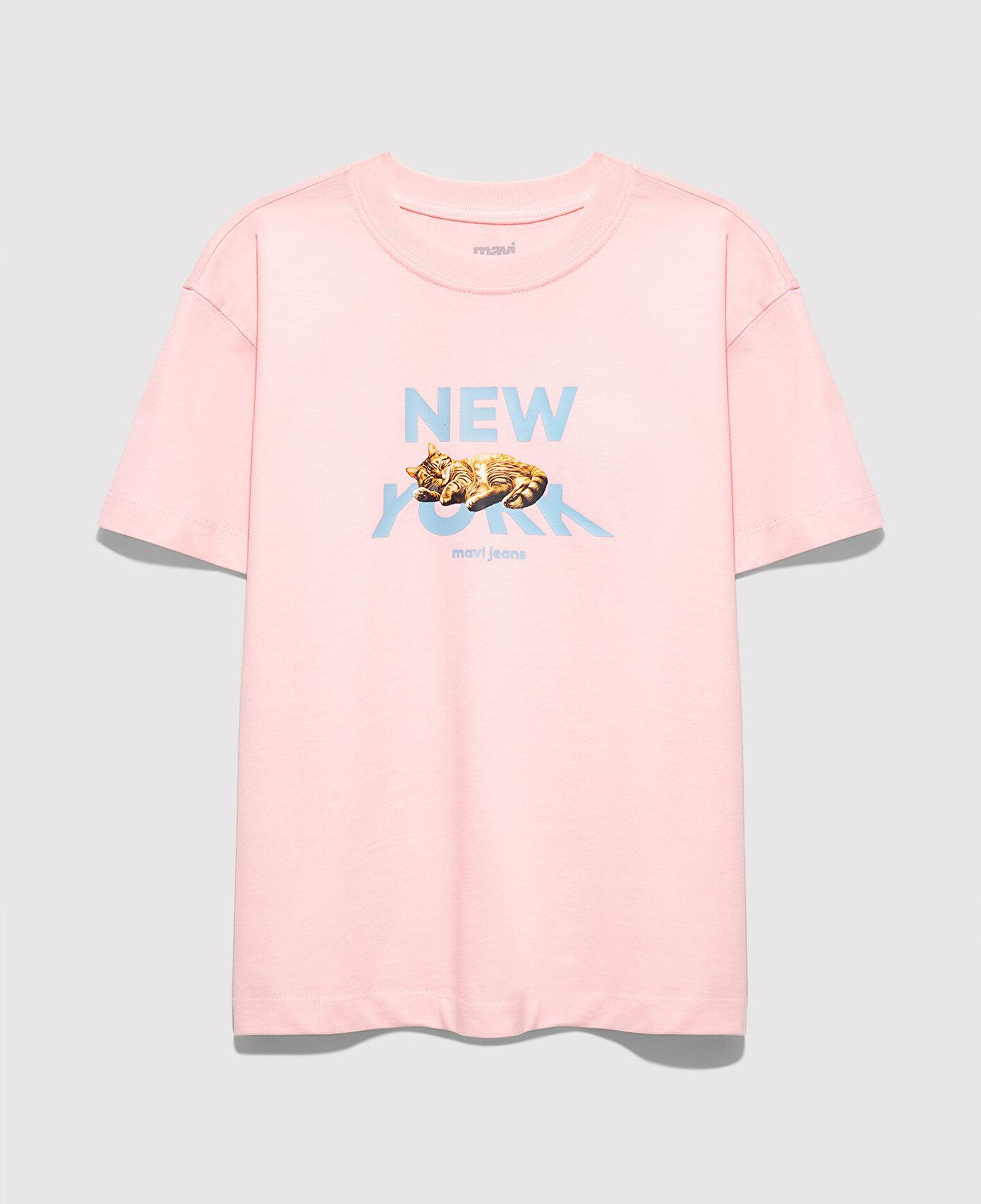 Mavi Kedi Baskılı Pembe Tişört Loose Fit / Bol Rahat Kesim 7610402-71007