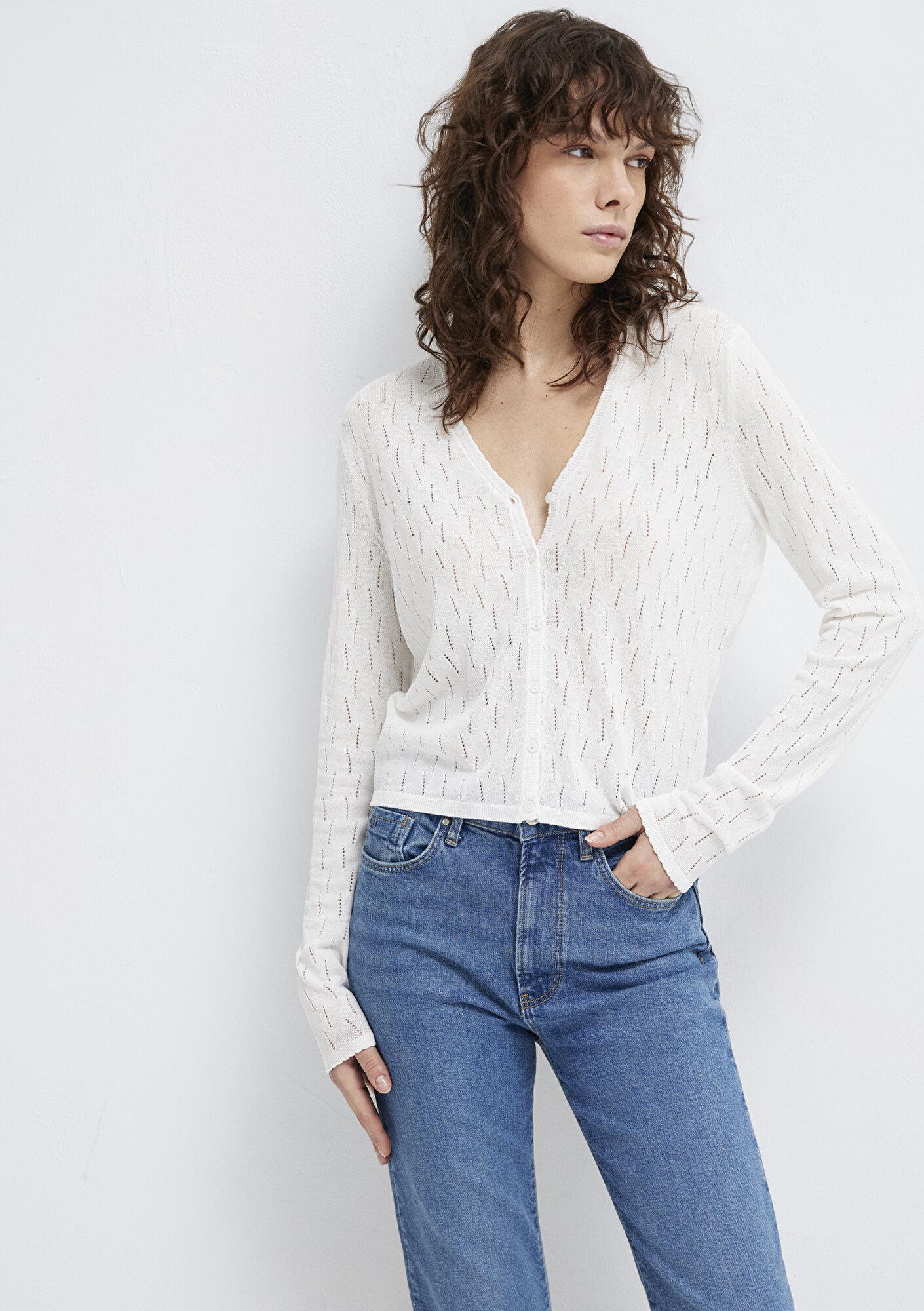 Mavi Örgü Detaylı Ekru Hırka Slim Fit / Dar Kesim 1710845-70057