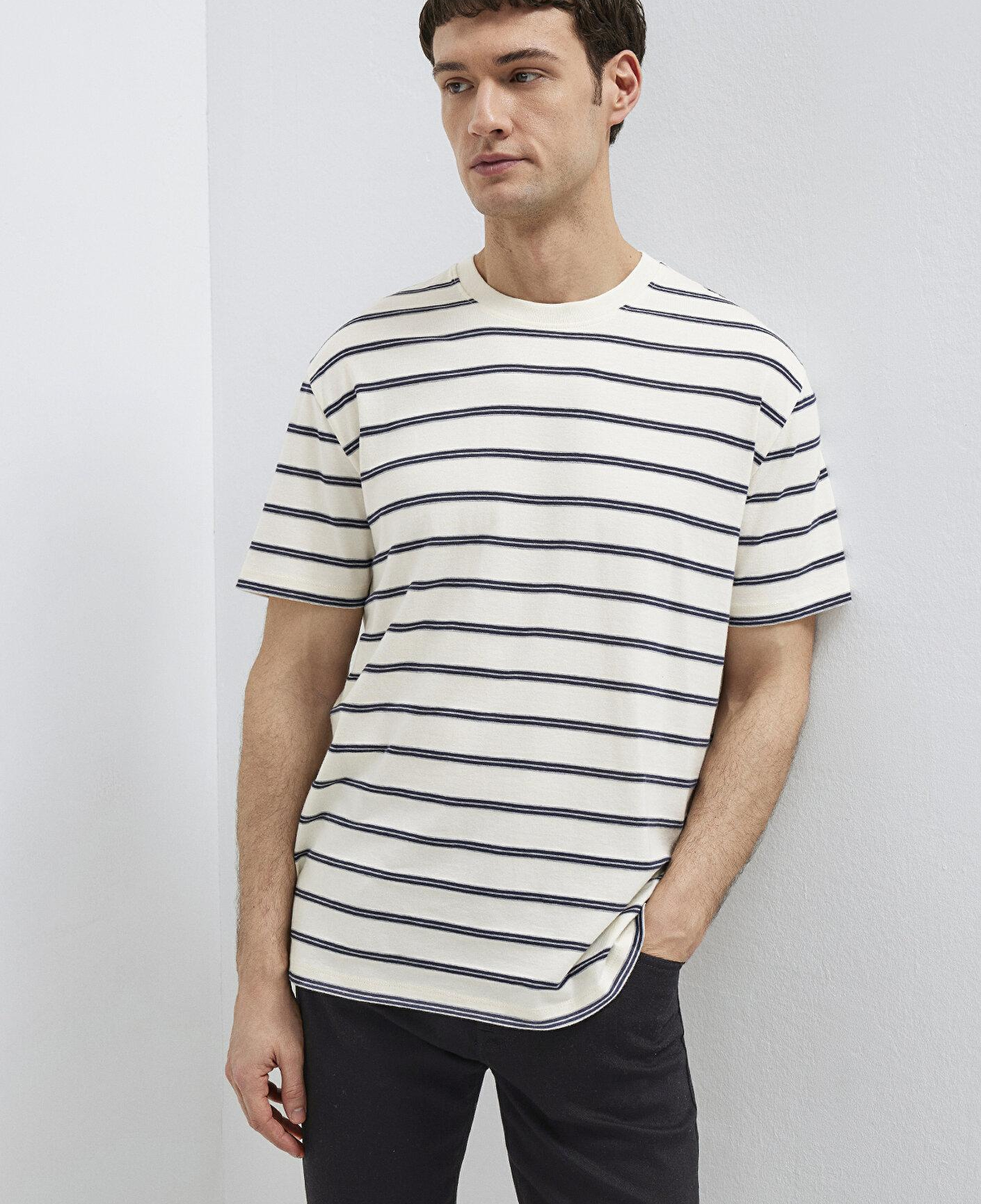 Mavi Çizgili Ekru Tişört Loose Fit / Bol Rahat Kesim 0613138-70057