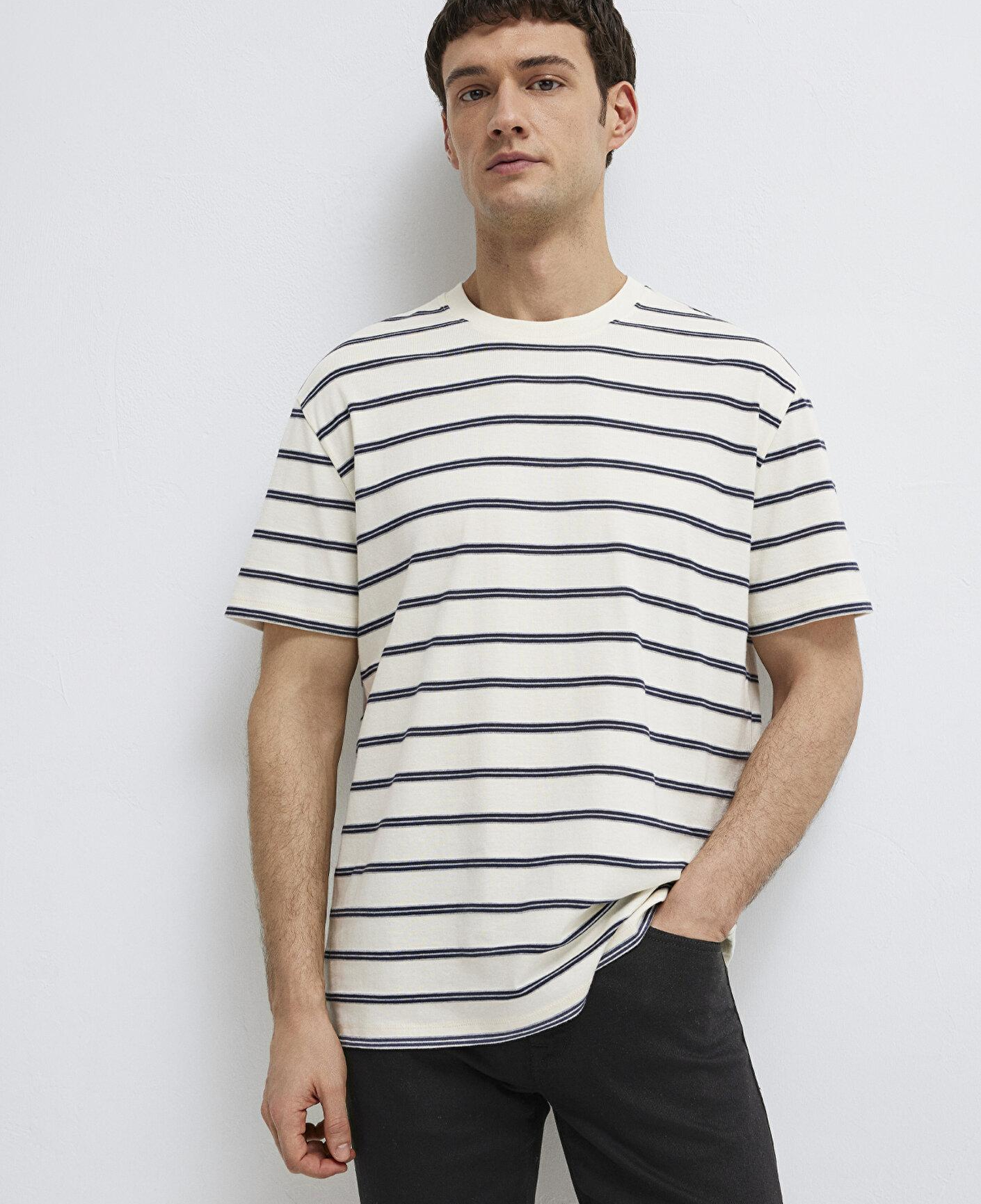 Mavi Çizgili Ekru Tişört Loose Fit / Bol Rahat Kesim 0613138-70057