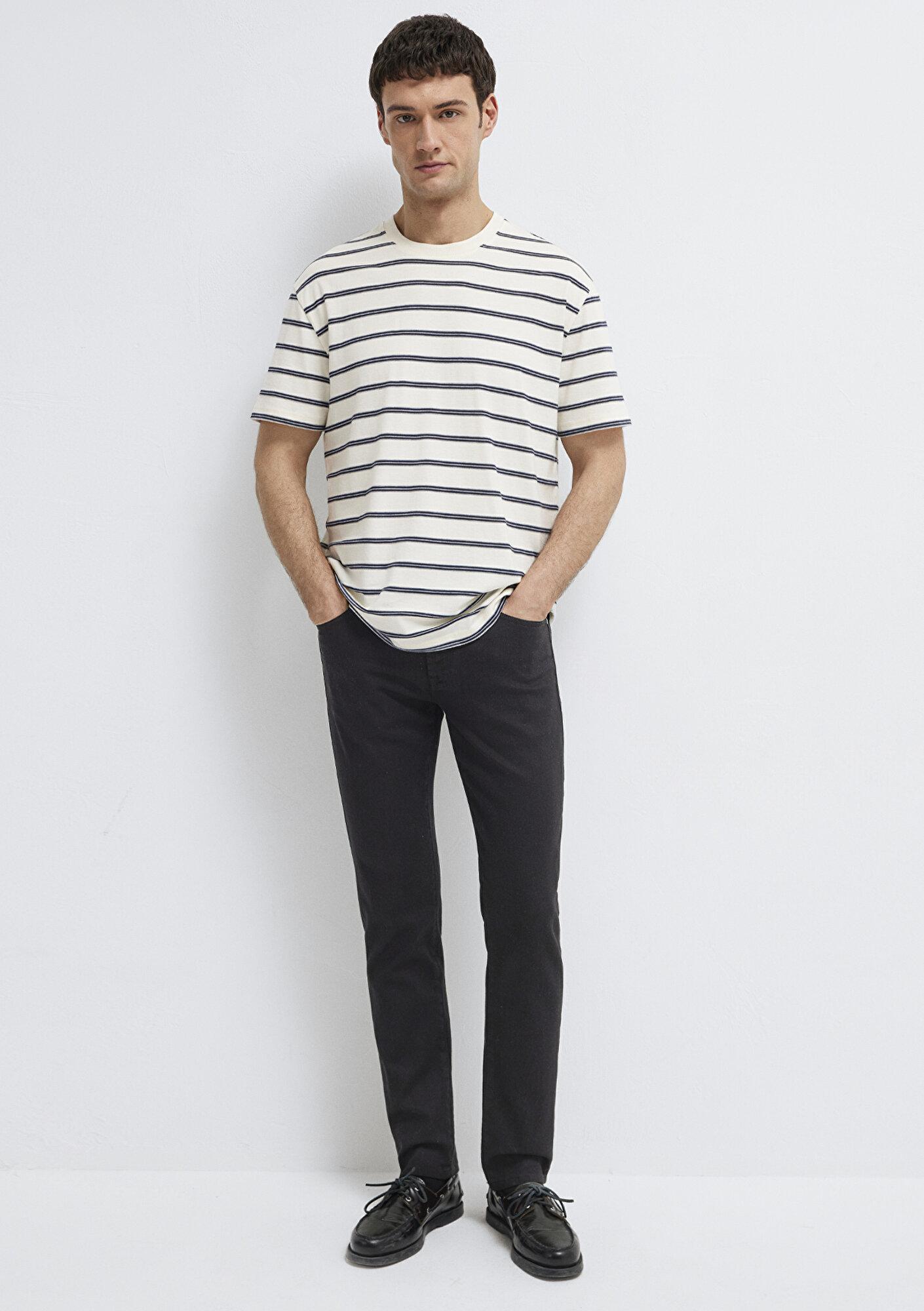 Mavi Çizgili Ekru Tişört Loose Fit / Bol Rahat Kesim 0613138-70057