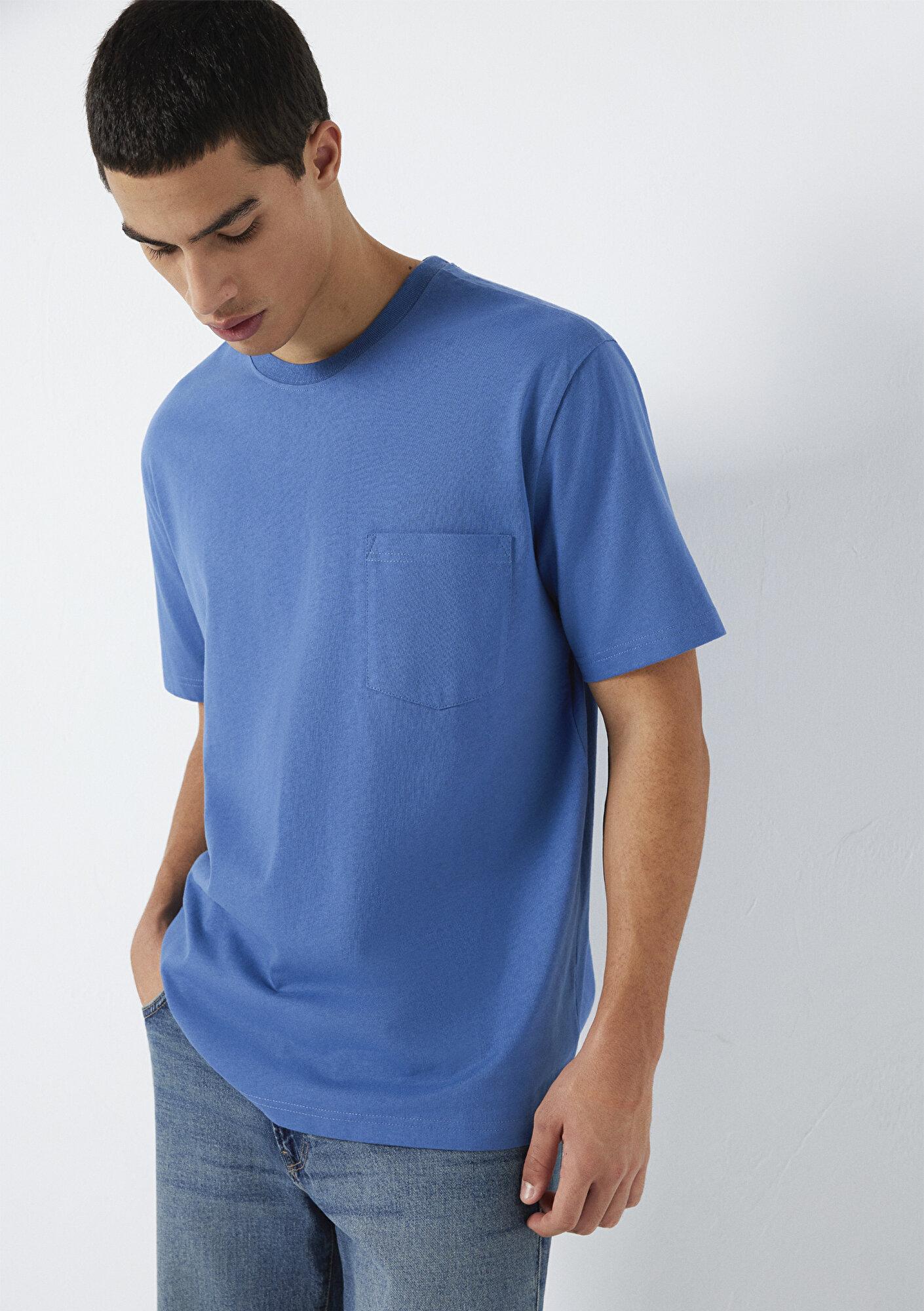 Mavi Cep Detaylı Mavi Basic Tişört Loose Fit / Bol Rahat Kesim 066248-70719