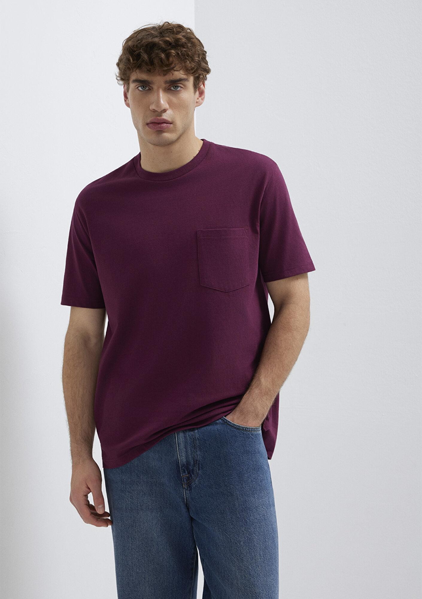 Mavi Cep Detaylı Mor Basic Tişört Loose Fit / Bol Rahat Kesim 066248-70670