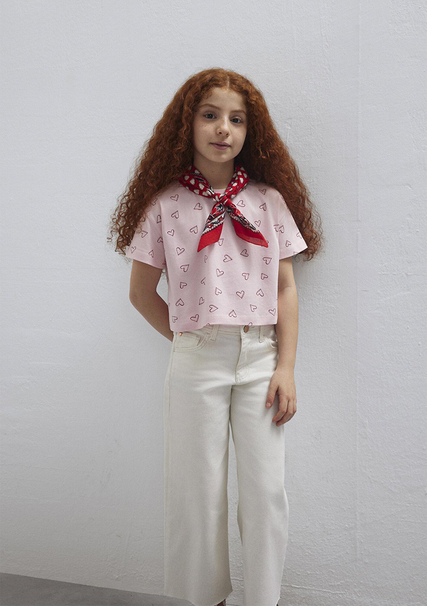 Mavi Kalp Baskılı Pembe Tişört Loose Fit / Bol Rahat Kesim 7610400-71007