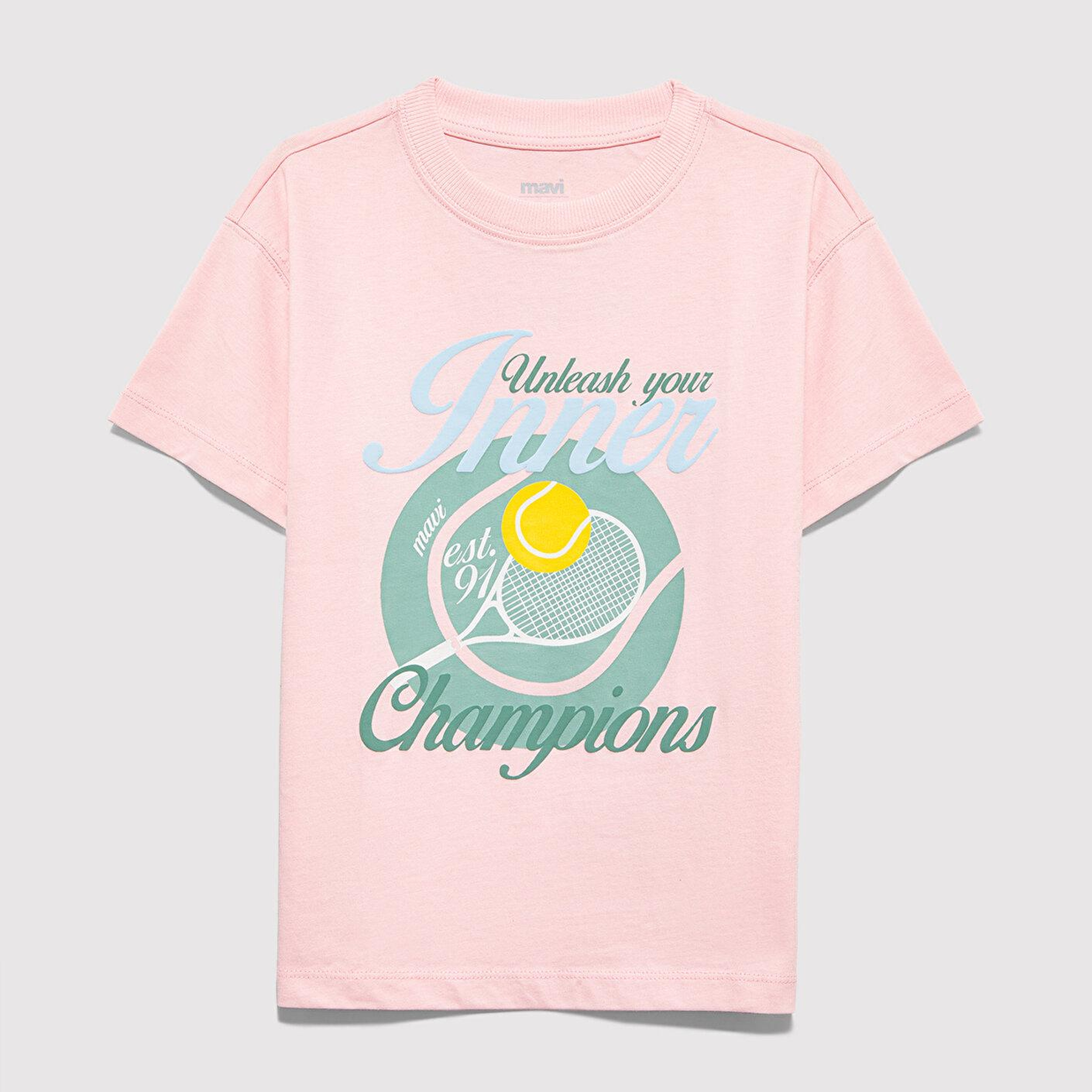 Mavi Tenis Baskılı Pembe Tişört Loose Fit / Bol Rahat Kesim 7610396-71007