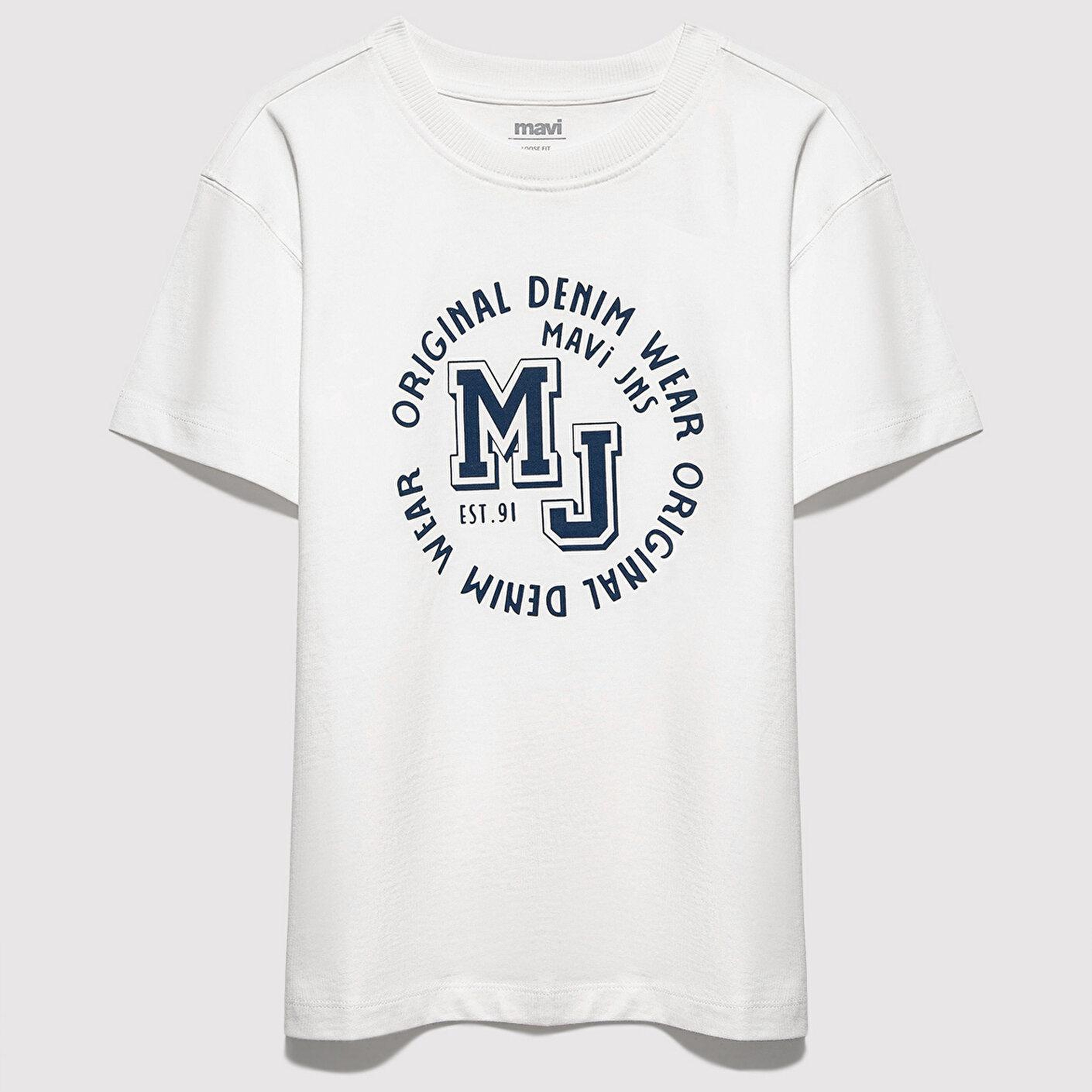 Mavi MJ Logo Baskılı Ekru Tişört Loose Fit / Bol Rahat Kesim 6610395-70057