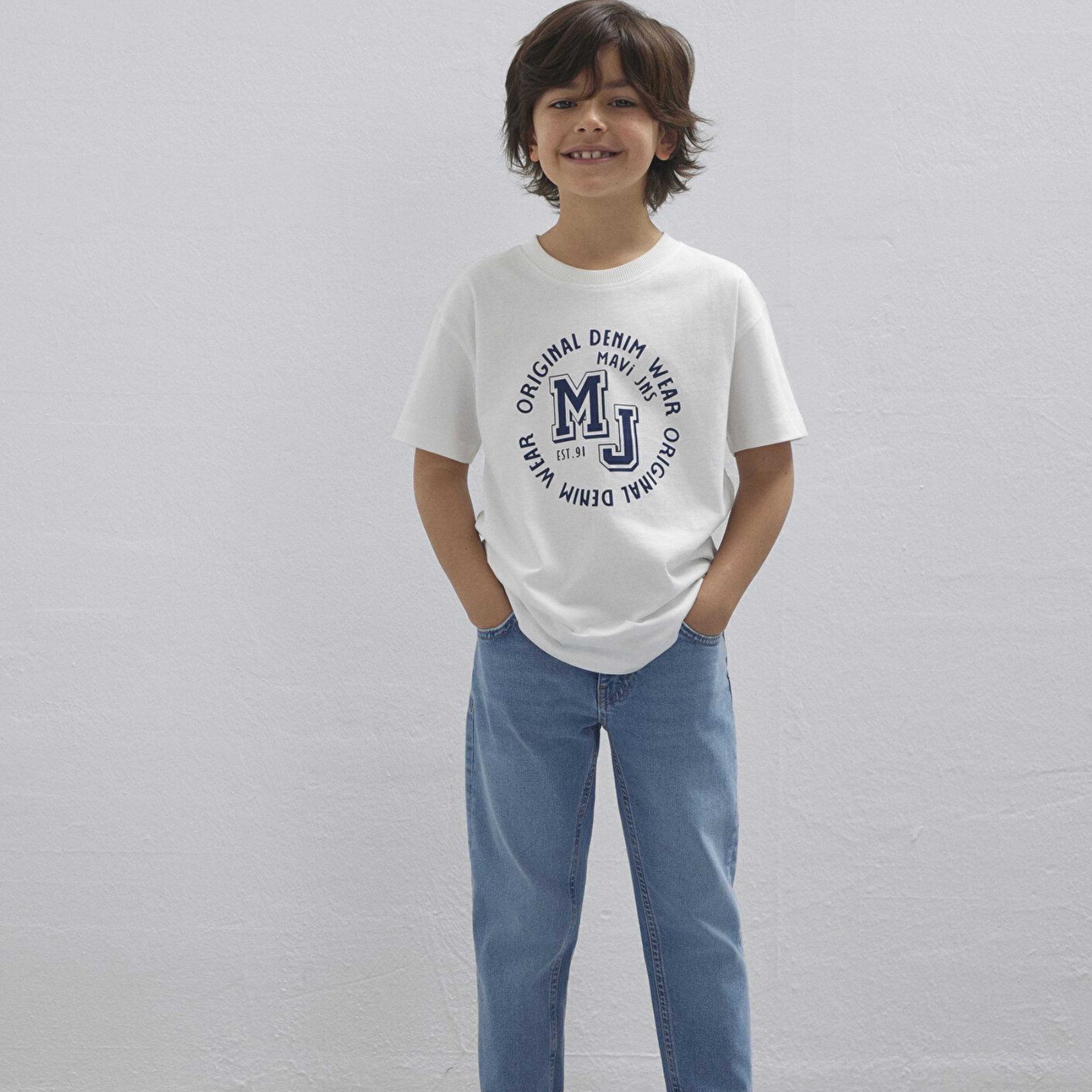 Mavi MJ Logo Baskılı Ekru Tişört Loose Fit / Bol Rahat Kesim 6610395-70057