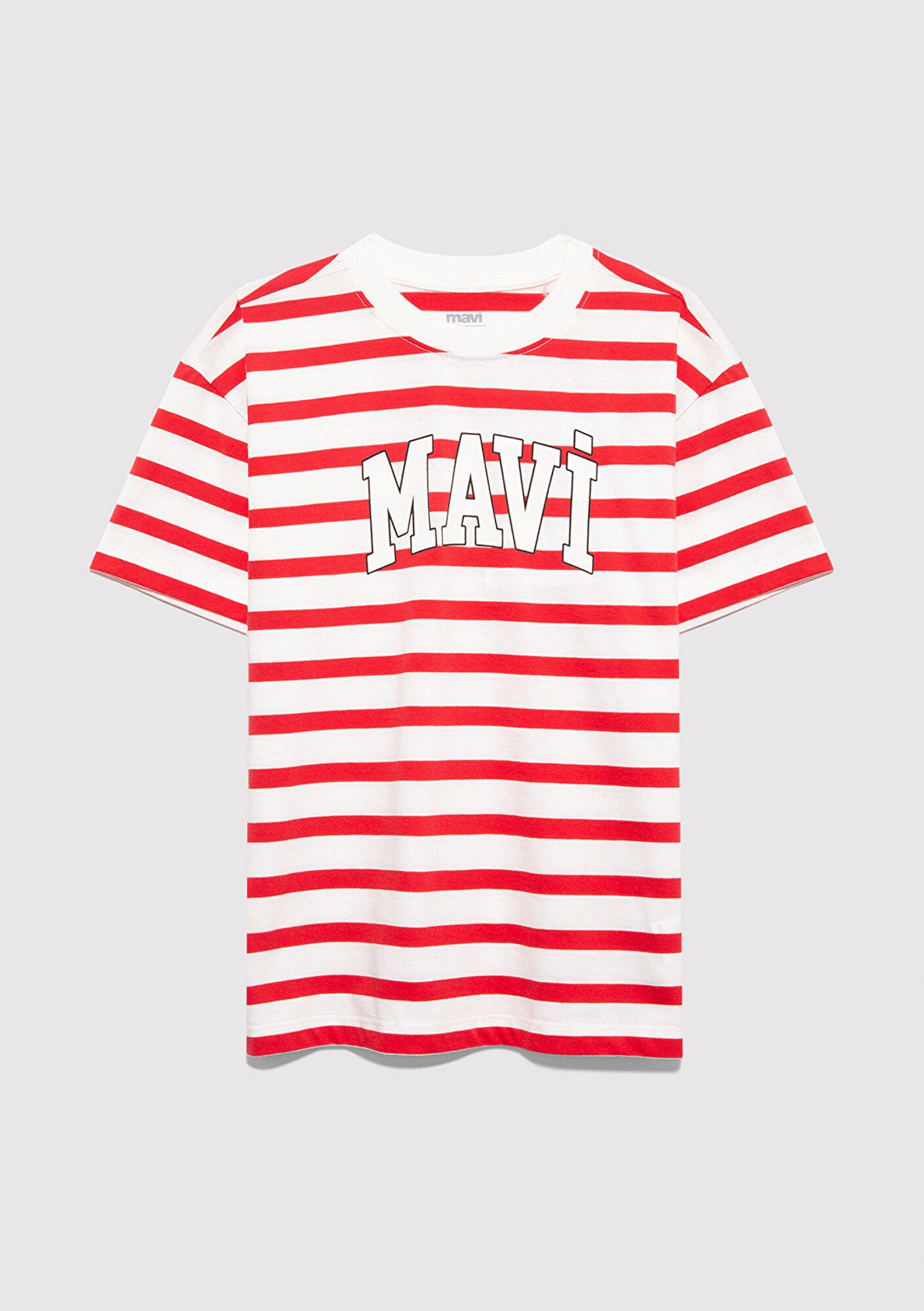 Mavi Mavi Logo Baskılı Çizgili Tişört Loose Fit / Bol Rahat Kesim 6610251-91366