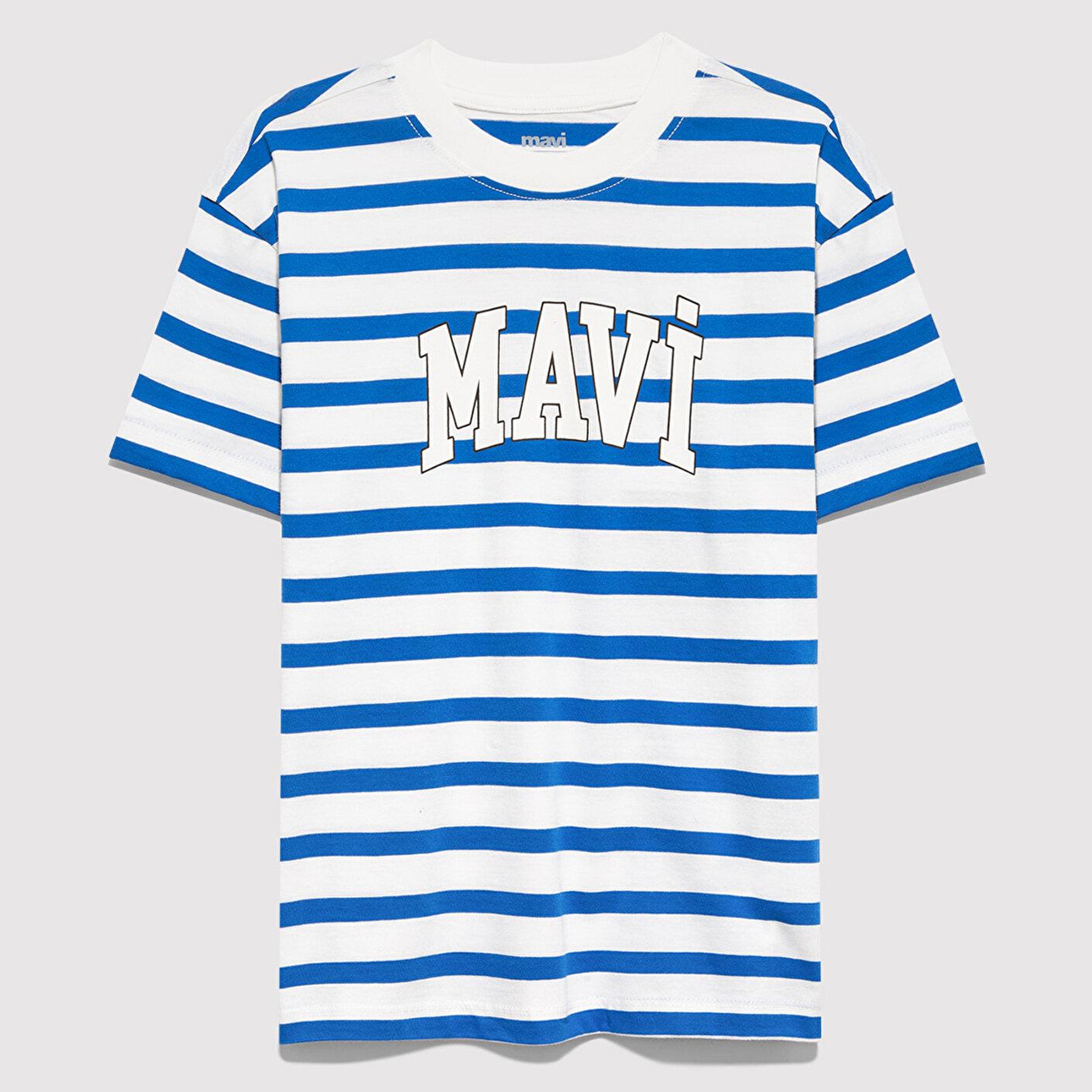 Mavi Mavi Baskılı Çizgili Tişört Loose Fit / Bol Rahat Kesim 6610251-91364