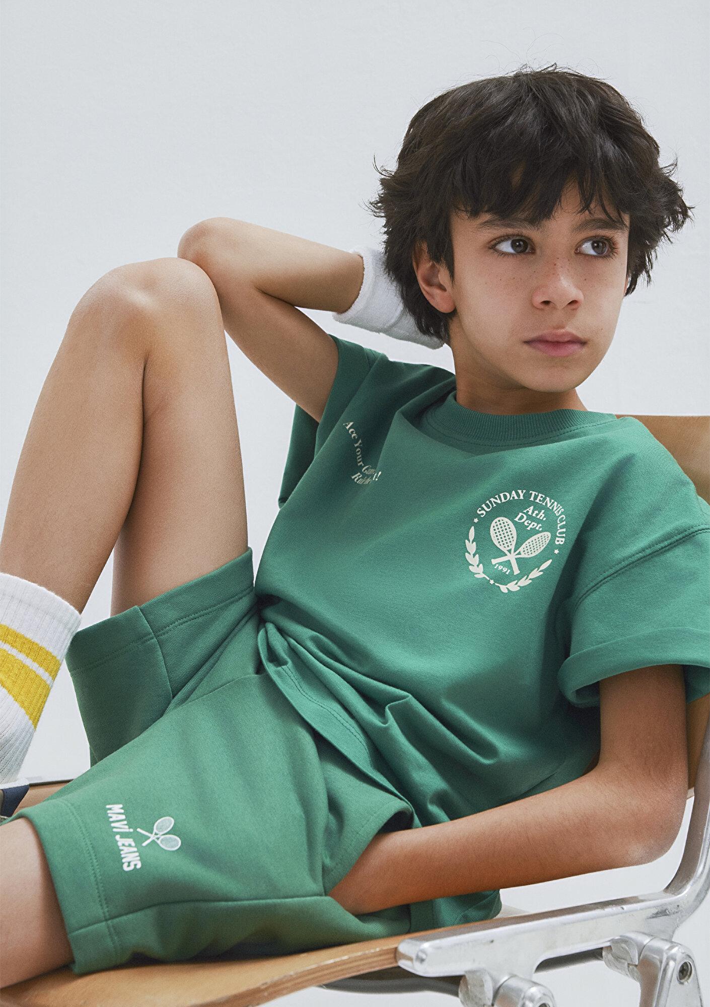 Mavi Tenis Baskılı Yeşil Tişört Oversize / Geniş Kesim 6610401-71697