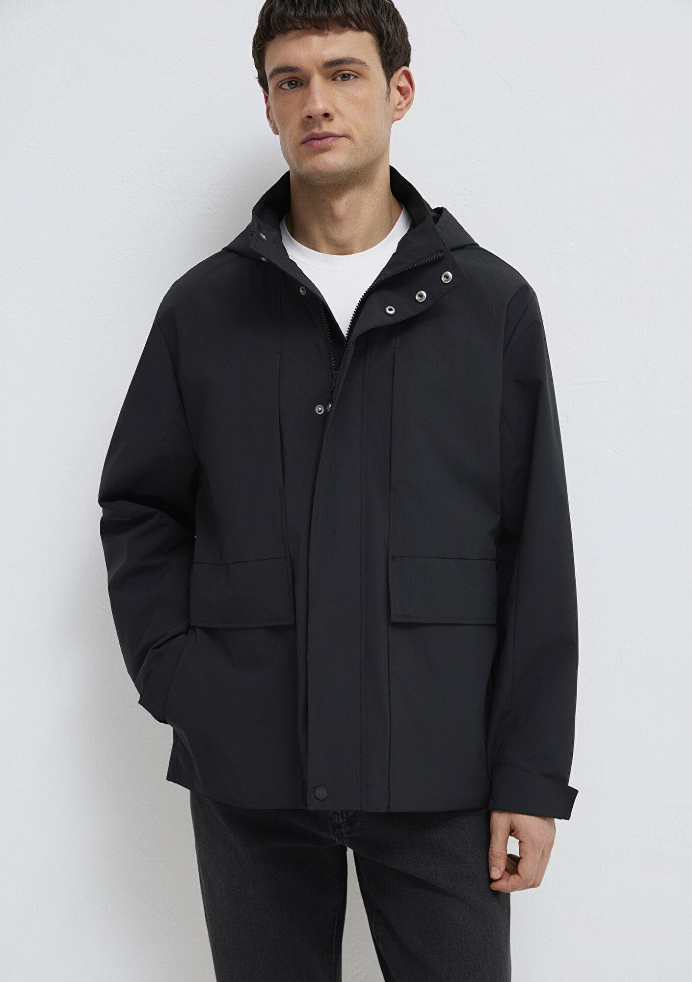 Mavi Kapüşonlu Siyah Ceket Loose Fit / Bol Rahat Kesim 0110757-71379