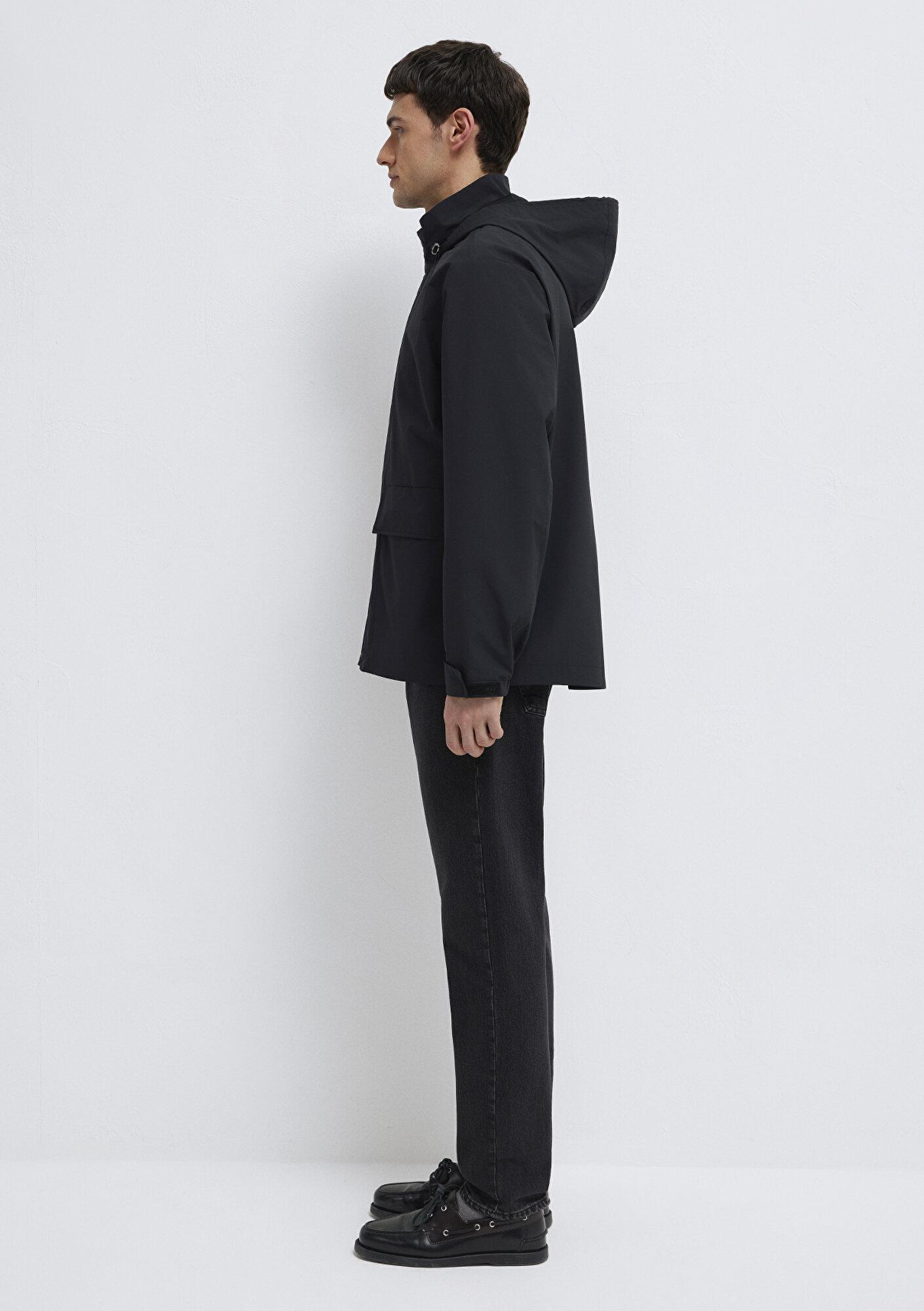 Mavi Kapüşonlu Siyah Ceket Loose Fit / Bol Rahat Kesim 0110757-71379