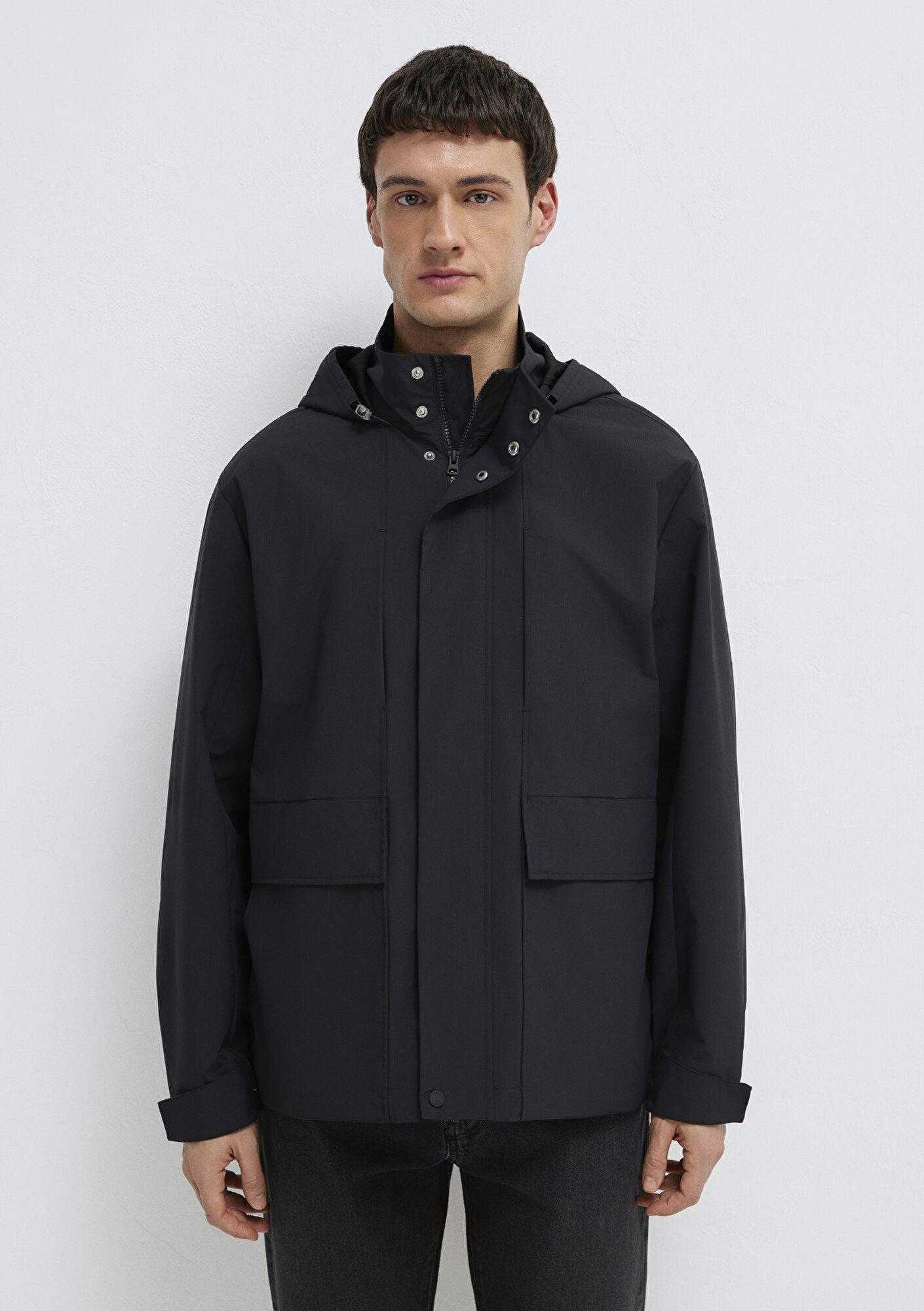 Mavi Kapüşonlu Siyah Ceket Loose Fit / Bol Rahat Kesim 0110757-71379