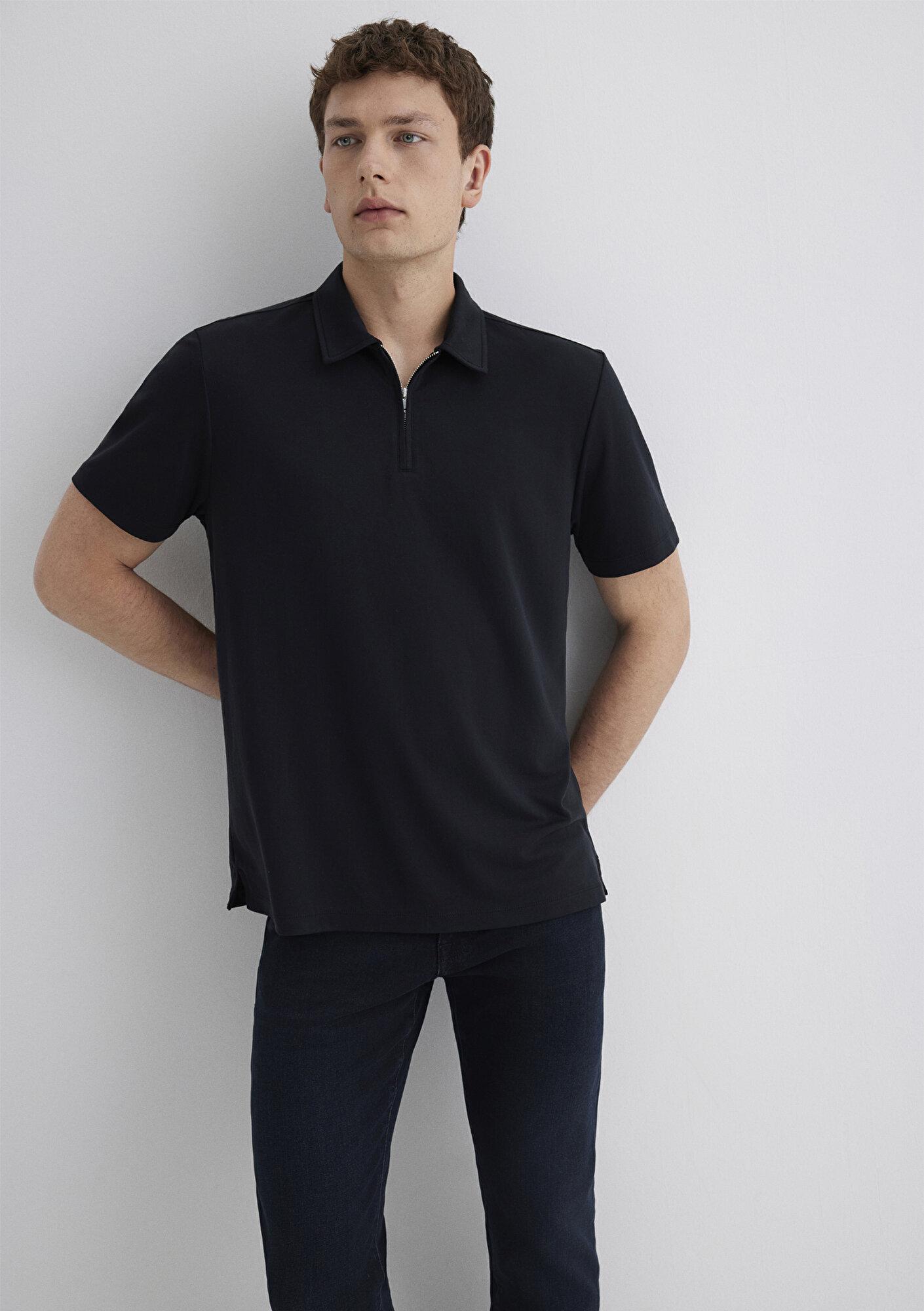 Mavi Soft-Premium Siyah (TENCEL™) Modal Karışımlı Yarı Fermuarlı Polo Tişört Regular Fit / Normal Kesim 0613007-900
