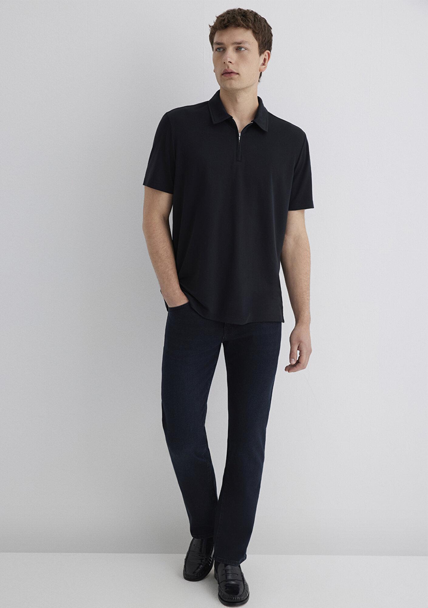 Mavi Soft-Premium Siyah (TENCEL™) Modal Karışımlı Yarı Fermuarlı Polo Tişört Regular Fit / Normal Kesim 0613007-900