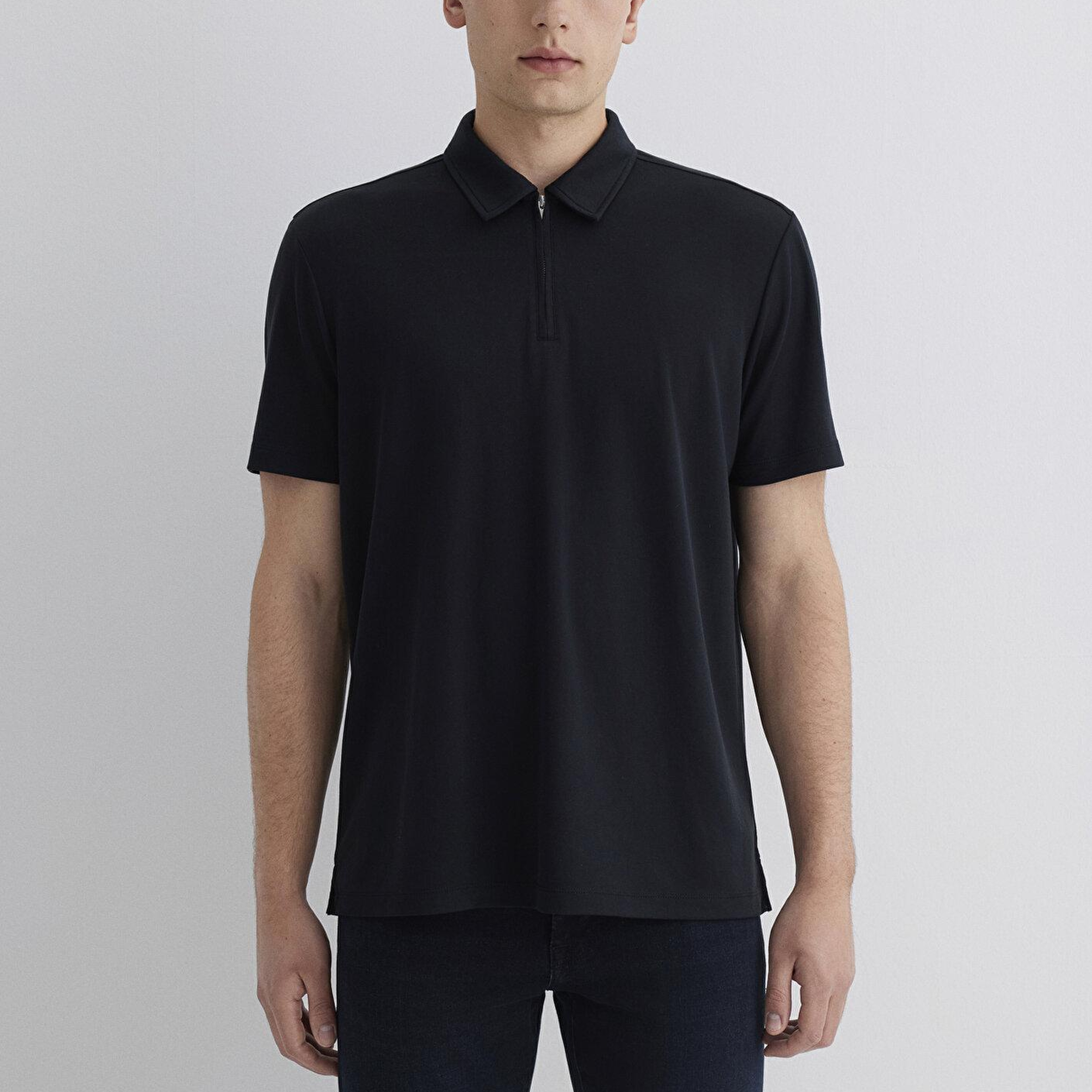 Mavi Soft-Premium Siyah (TENCEL™) Modal Karışımlı Yarı Fermuarlı Polo Tişört Regular Fit / Normal Kesim 0613007-900