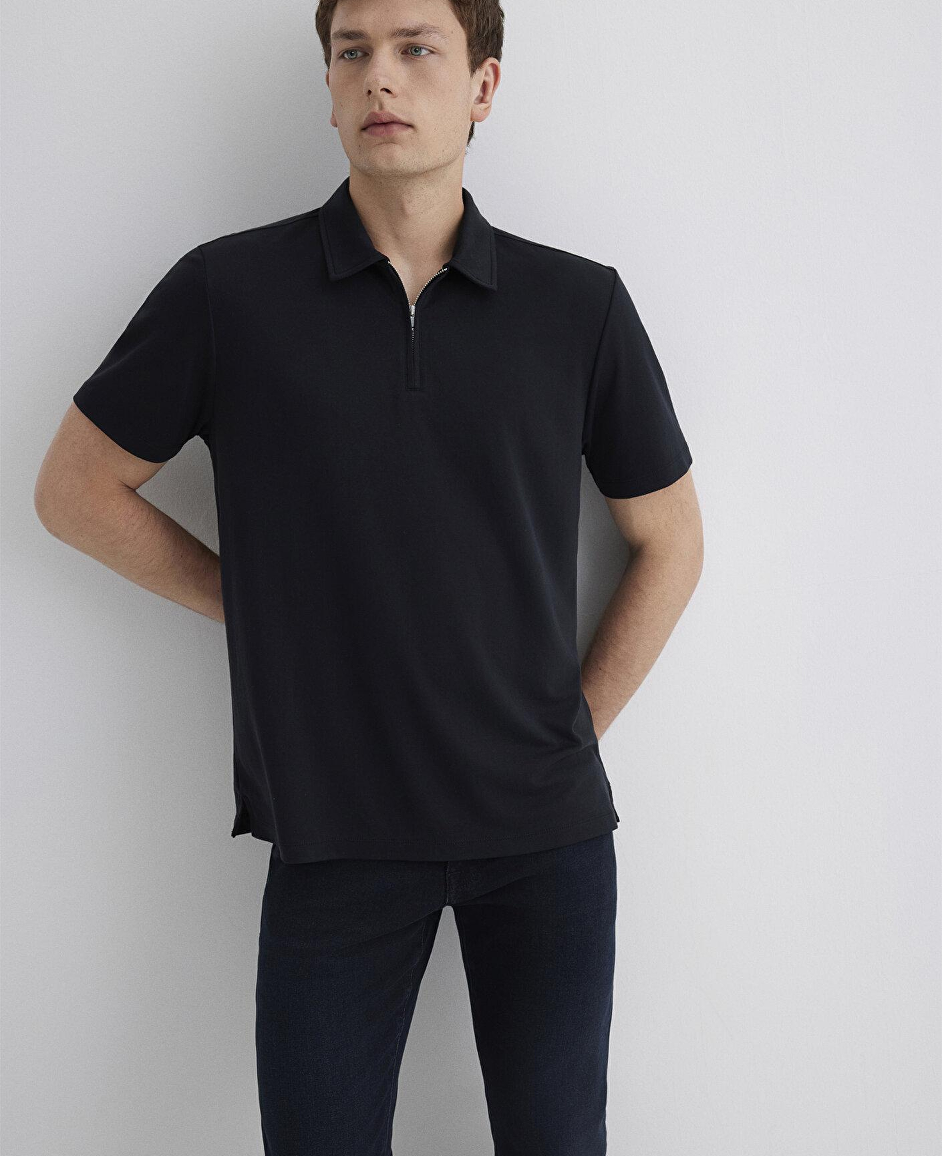 Mavi Soft-Premium Siyah (TENCEL™) Modal Karışımlı Yarı Fermuarlı Polo Tişört Regular Fit / Normal Kesim 0613007-900
