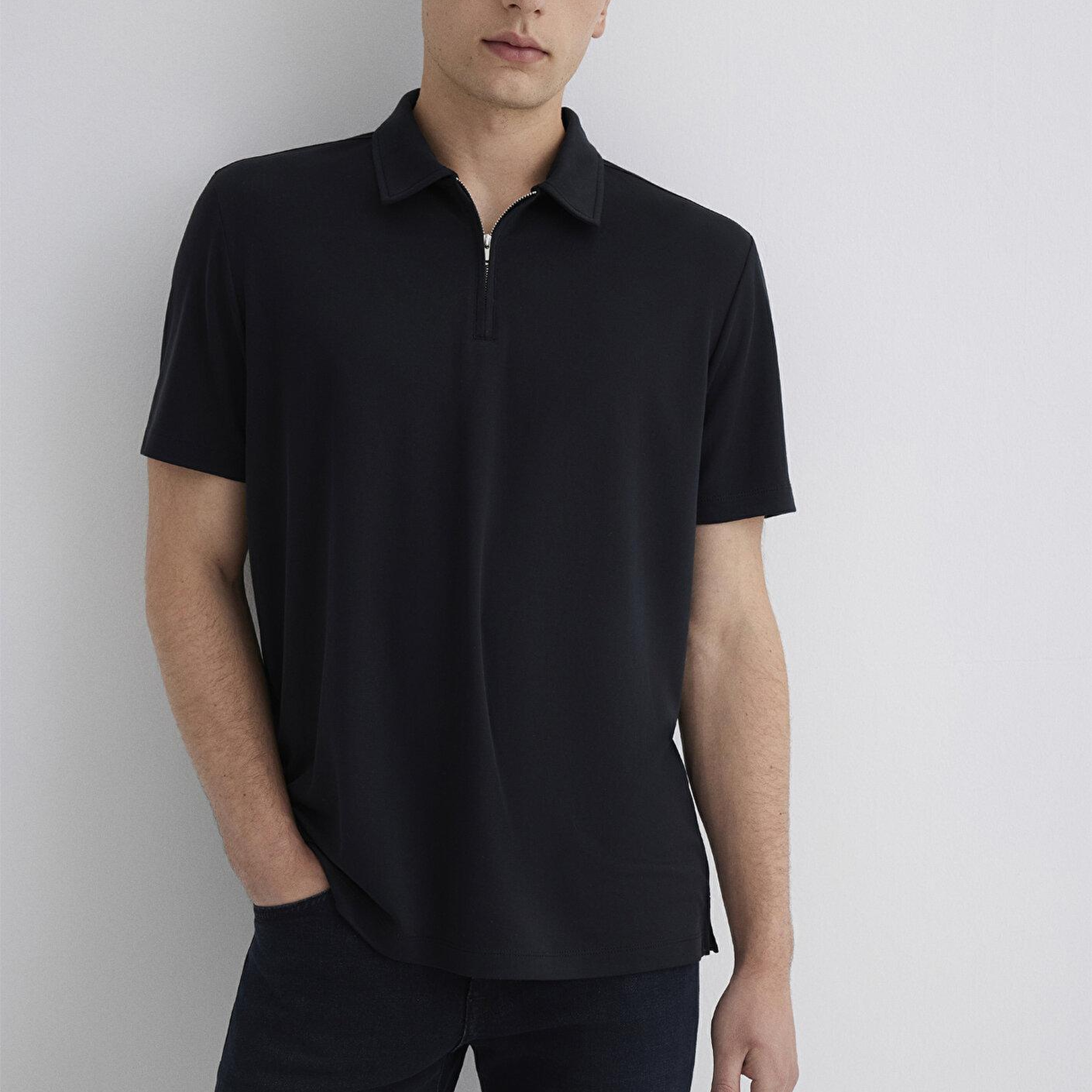 Mavi Soft-Premium Siyah (TENCEL™) Modal Karışımlı Yarı Fermuarlı Polo Tişört Regular Fit / Normal Kesim 0613007-900