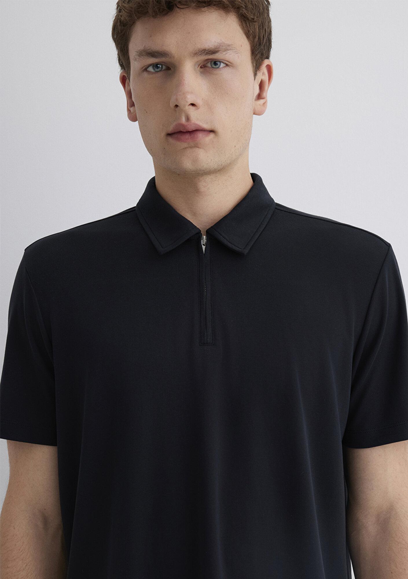 Mavi Soft-Premium Siyah (TENCEL™) Modal Karışımlı Yarı Fermuarlı Polo Tişört Regular Fit / Normal Kesim 0613007-900