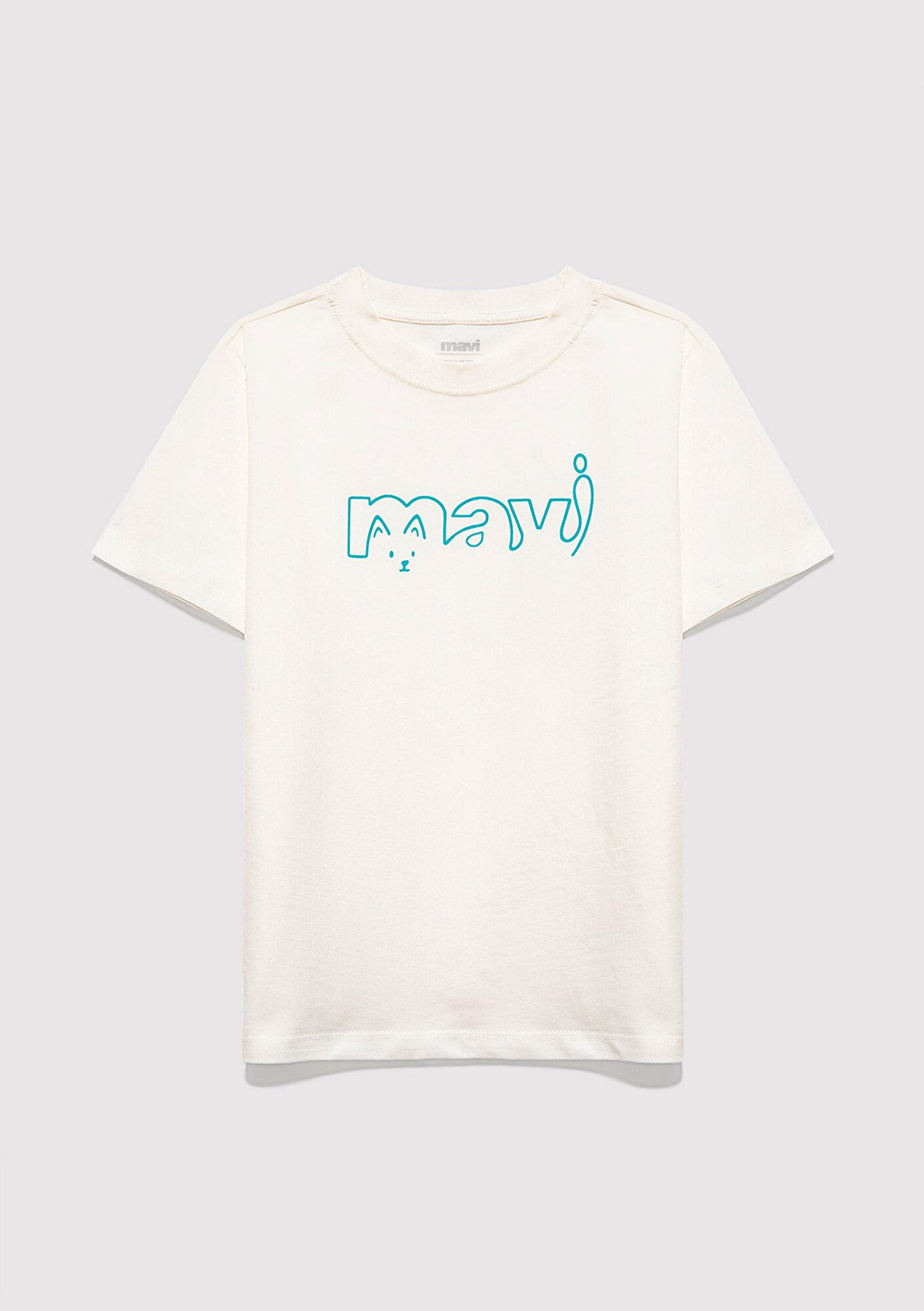 Mavi Mavi Logo Kedi Baskılı Ekru Tişört Regular Fit / Normal Kesim 7610338-70057