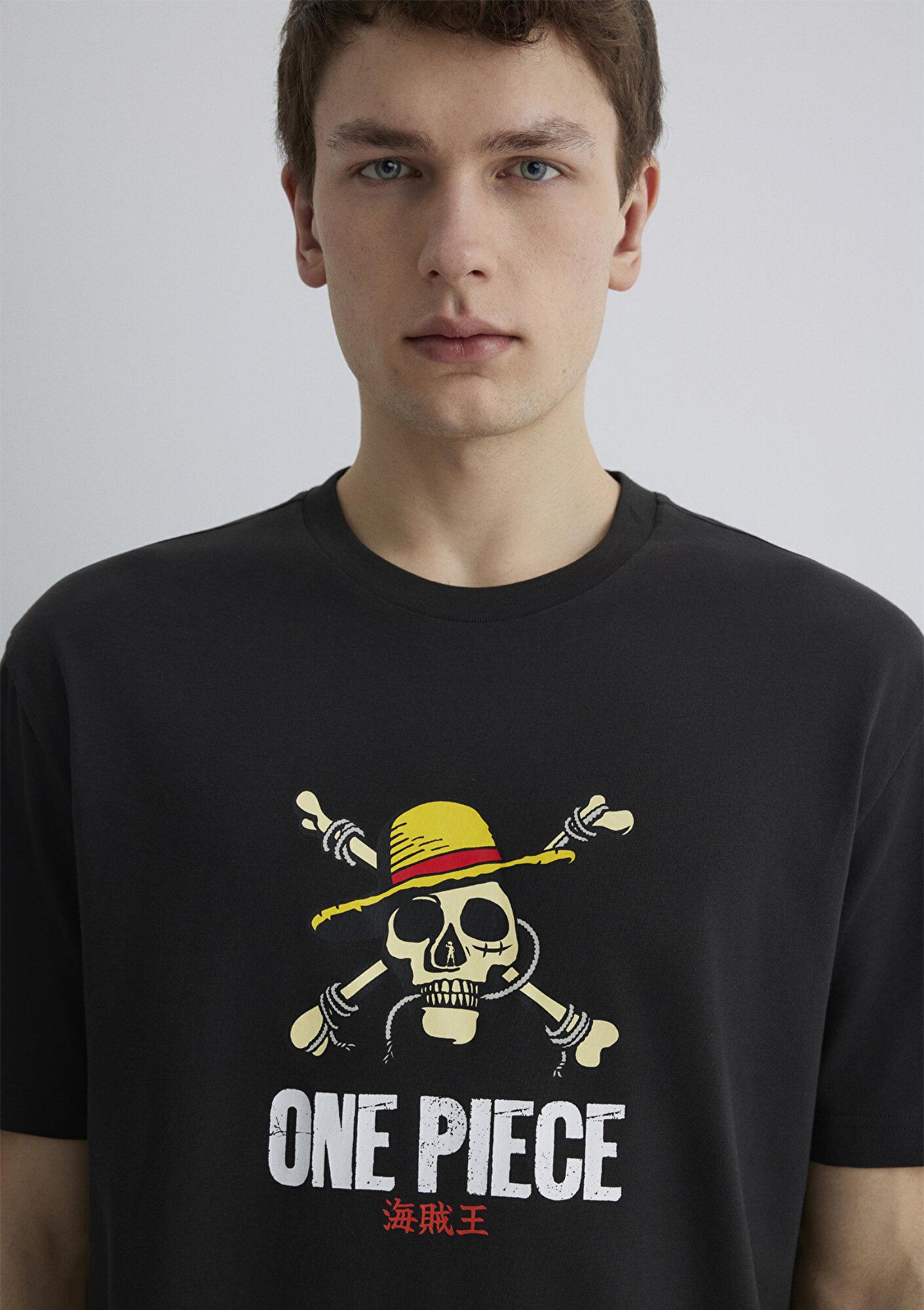 Mavi One Piece Baskılı Antrasit Tişört Loose Fit / Bol Rahat Kesim 0612662-70092