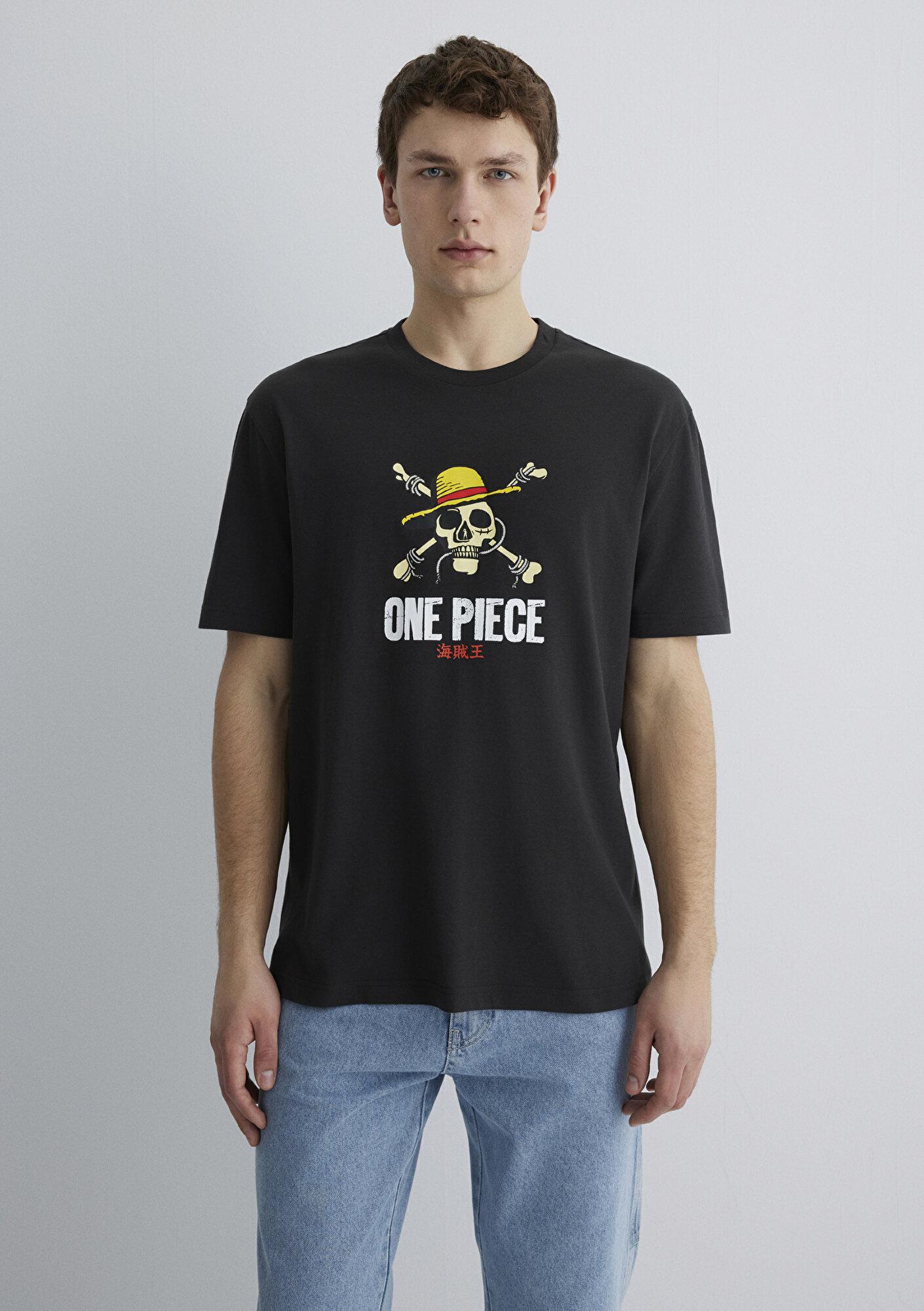 Mavi One Piece Baskılı Antrasit Tişört Loose Fit / Bol Rahat Kesim 0612662-70092