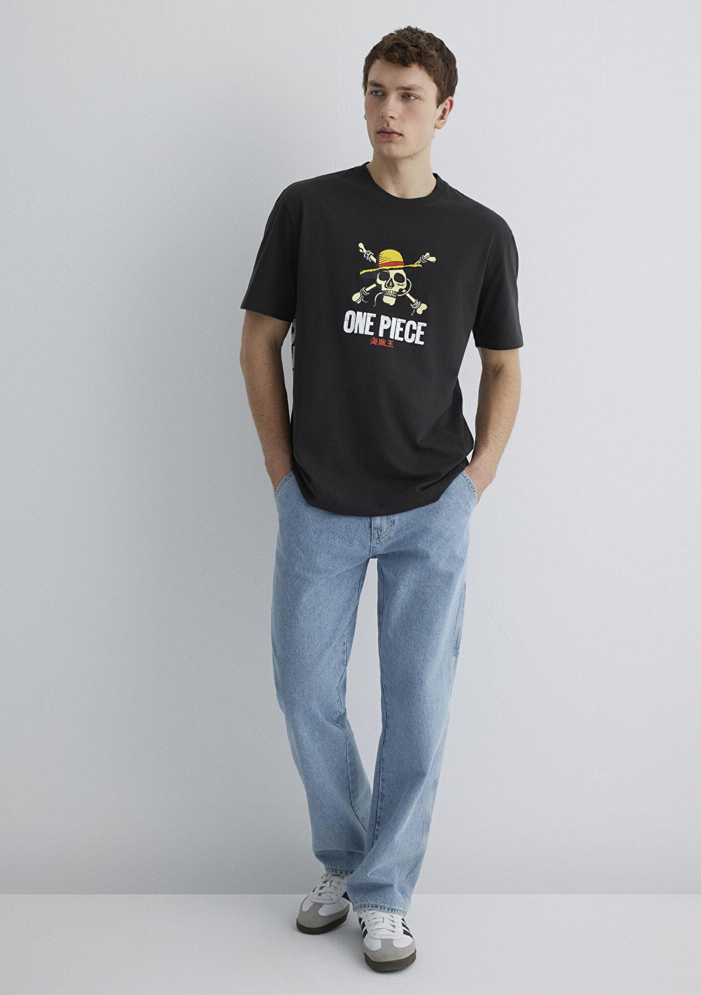 Mavi One Piece Baskılı Antrasit Tişört Loose Fit / Bol Rahat Kesim 0612662-70092