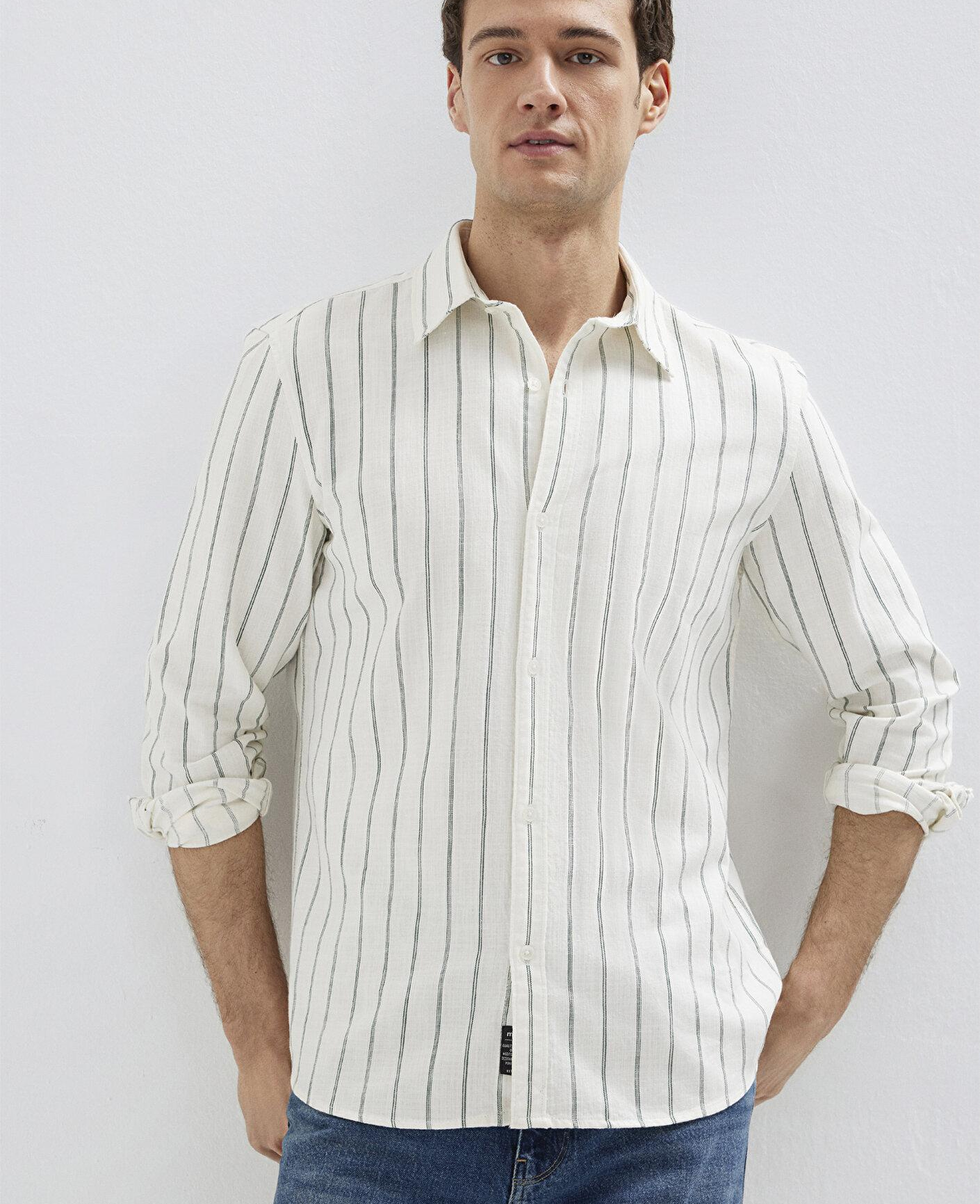 Mavi Yeşil Çizgili Keten Karışımlı Gömlek Regular Fit / Normal Kesim 0211380-71599