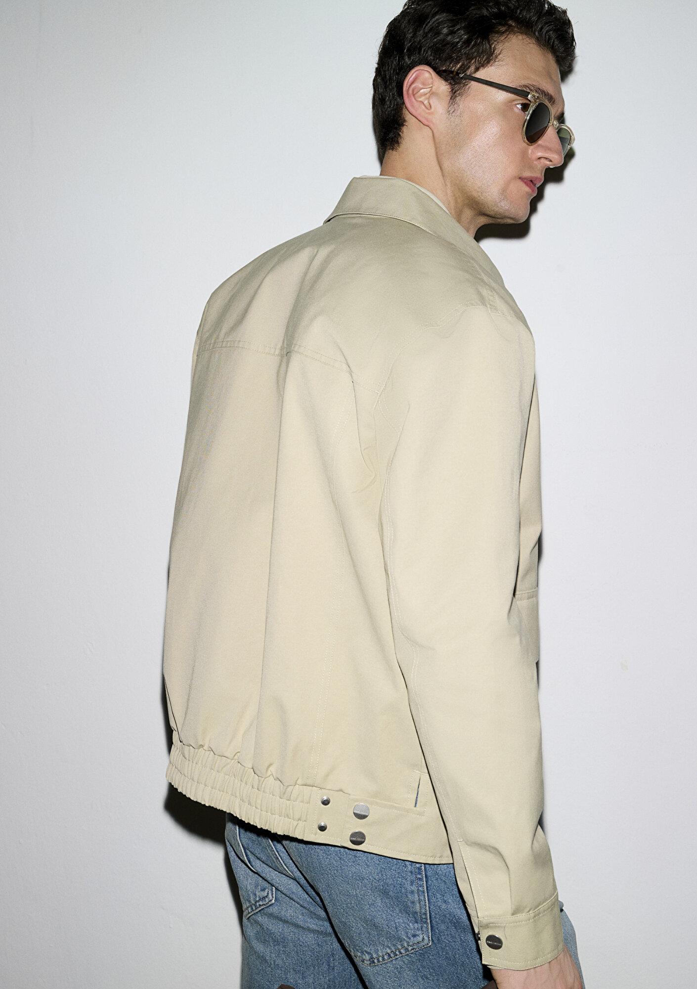 Mavi Cep Detaylı Bej Ceket Loose Fit / Bol Rahat Kesim 0110777-70186